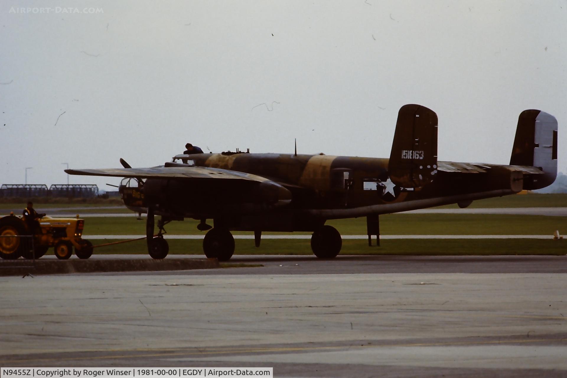N9455Z, 1944 North American TB-25N Mitchell C/N 108-34535 (44-30210), Carrying tail number 151863 and Big Bad Bonnie for the film Hanover Street. At RNAS Yeovilton Naval Air Day in 1981.
