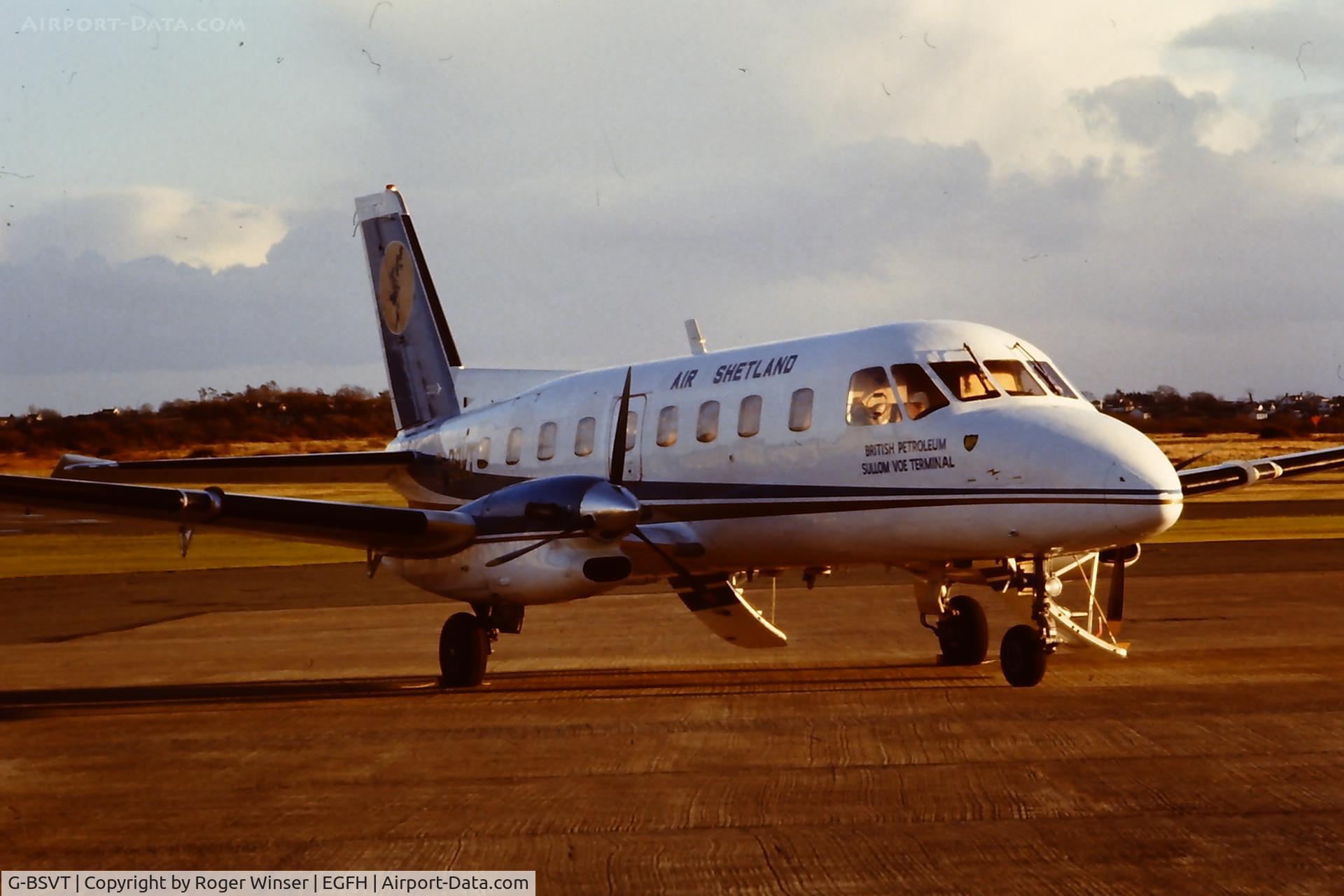 G-BSVT, 1977 Embraer EMB-110P2 Bandeirante C/N 110153, Air Shetland Bandeirante visiting Swansea Airport in the early 1980's. Carrying the inscription British Petroleum Sollum Voe Terminal
