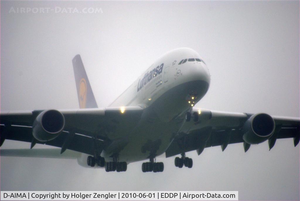 D-AIMA, 2010 Airbus A380-841 C/N 038, On visit at LEJ and enjoying the spotter even in rain and fog: The first A 380-800 of Lufthansa