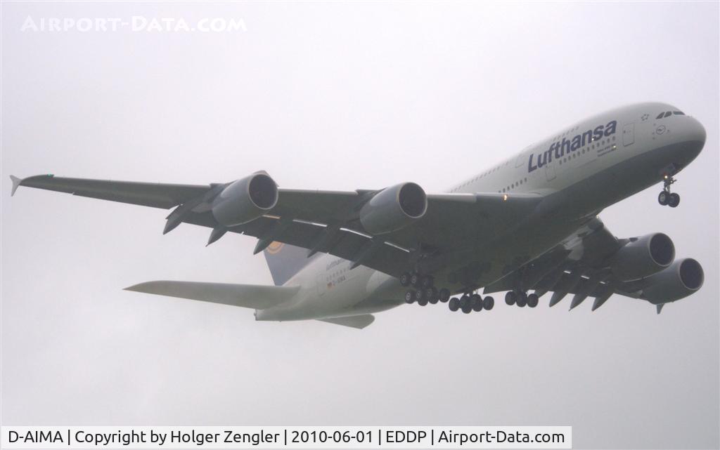 D-AIMA, 2010 Airbus A380-841 C/N 038, 15 pilots doing 15 touches and goes each in rather bad weather at LEJ