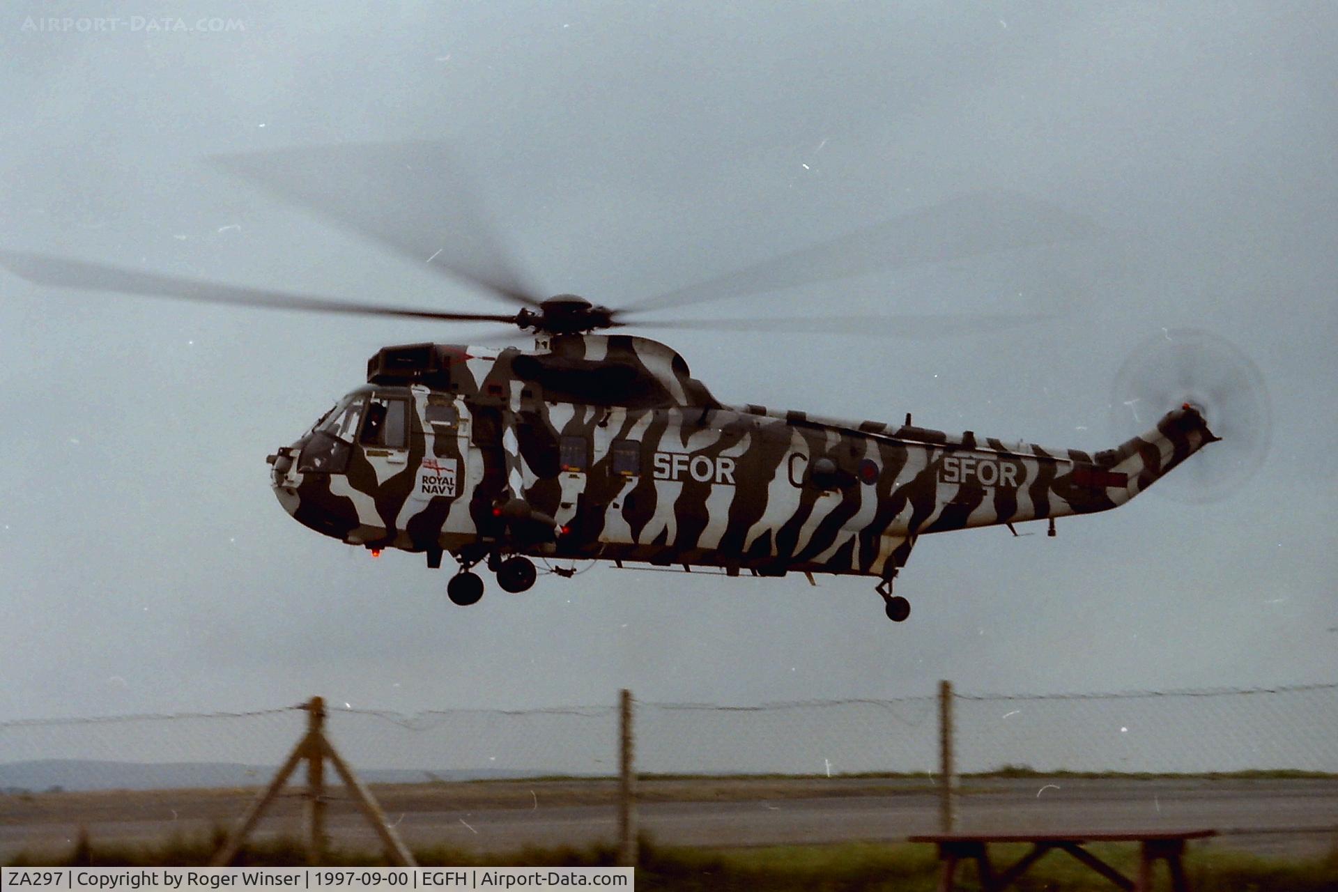 ZA297, 1980 Westland Sea King HC.4 C/N WA911, Royal Navy Sea King HC.4 helicopter (Y)C of 845 NAS in SFOR markings visiting Swansea Airport in September 1997.