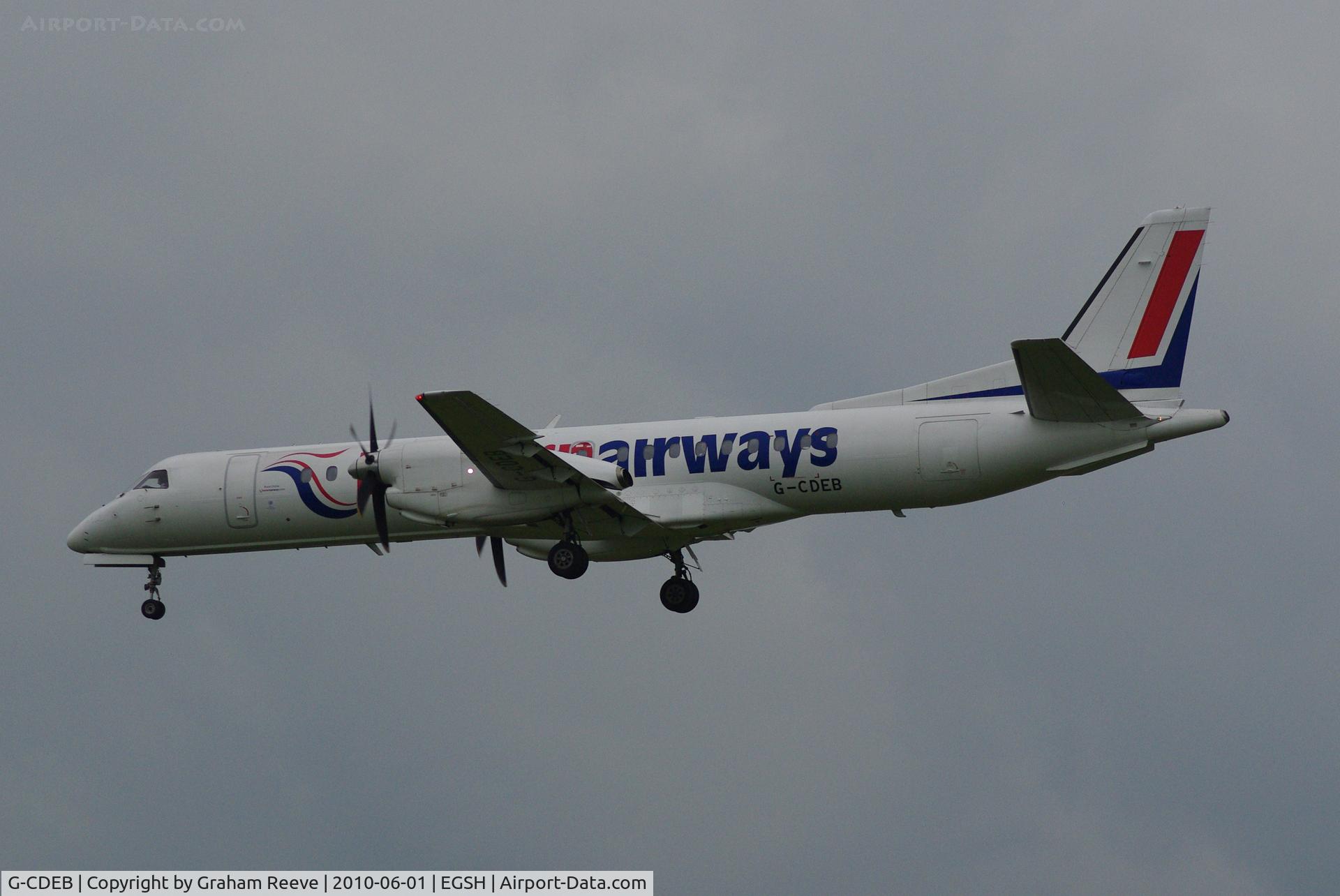 G-CDEB, 1996 Saab 2000 C/N 2000-036, Landing at Norwich.