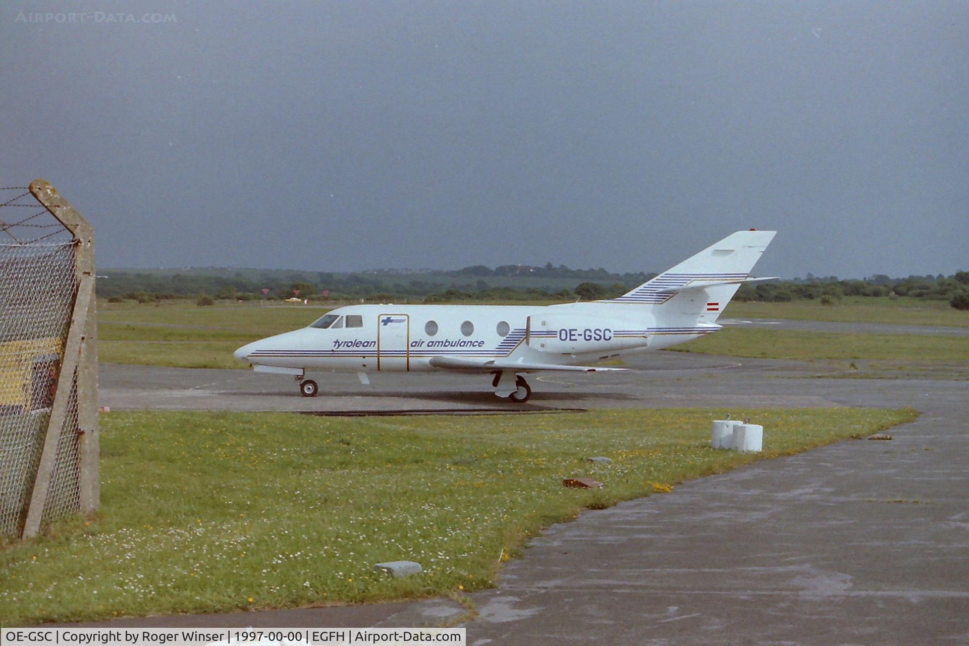 OE-GSC, Dassault Falcon 10 C/N 122, Operated by Tyrolean Air Ambulance, Austria. Visiting Swansea Airport summer 1997