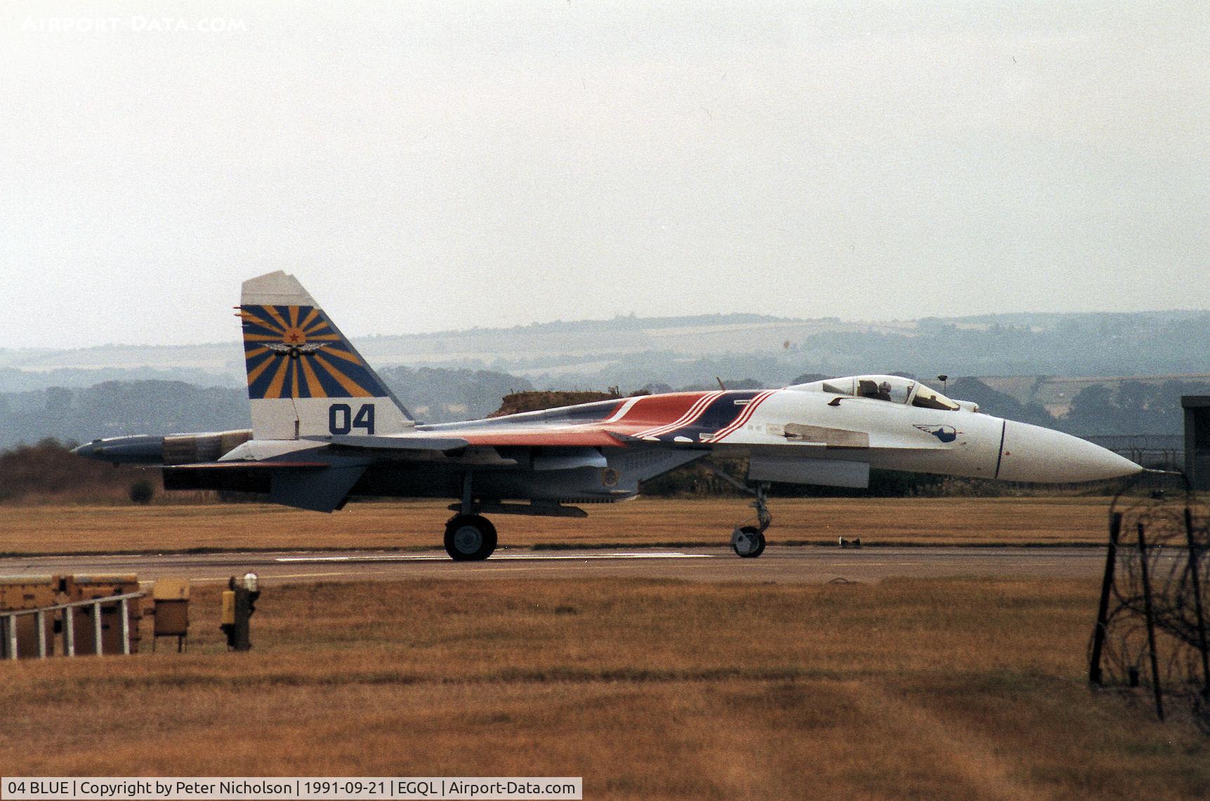04 BLUE, Sukhoi Su-27A C/N 36911032001, Flanker B of the Russian Knights display team taxying at the 1991 RAF Leuchars Airshow.
