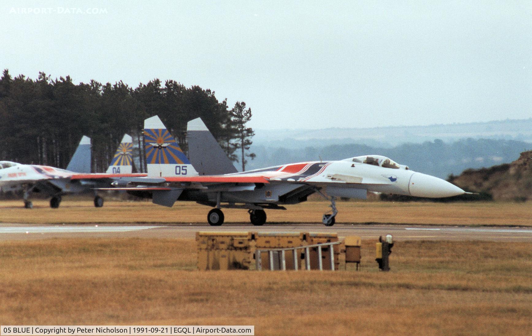 05 BLUE, Sukhoi Su-27A C/N 36911031513, Flanker B of the Russian Knights display team preparing for take-off at the 1991 RAF Leuchars Airshow.