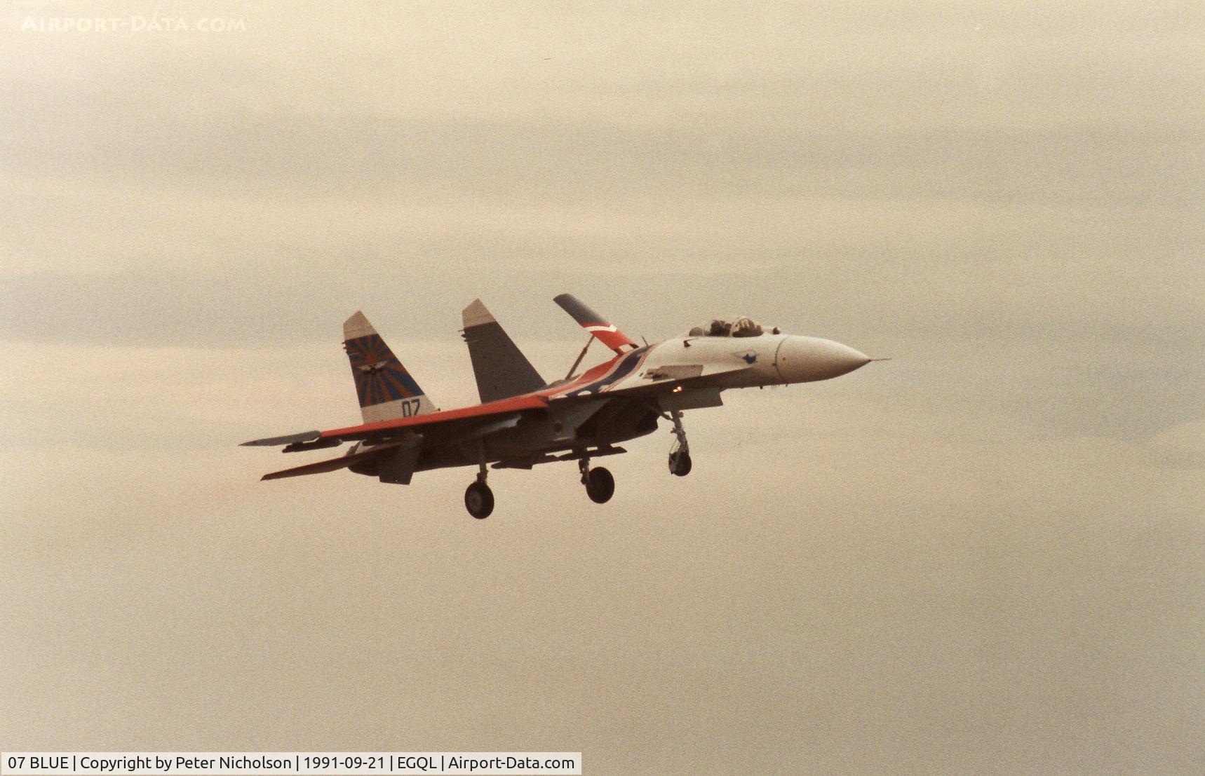 07 BLUE, Sukhoi Su-27A C/N 36911031615, Flanker B of the Russian Knights display team landing at the 1991 RAF Leuchars Airshow.