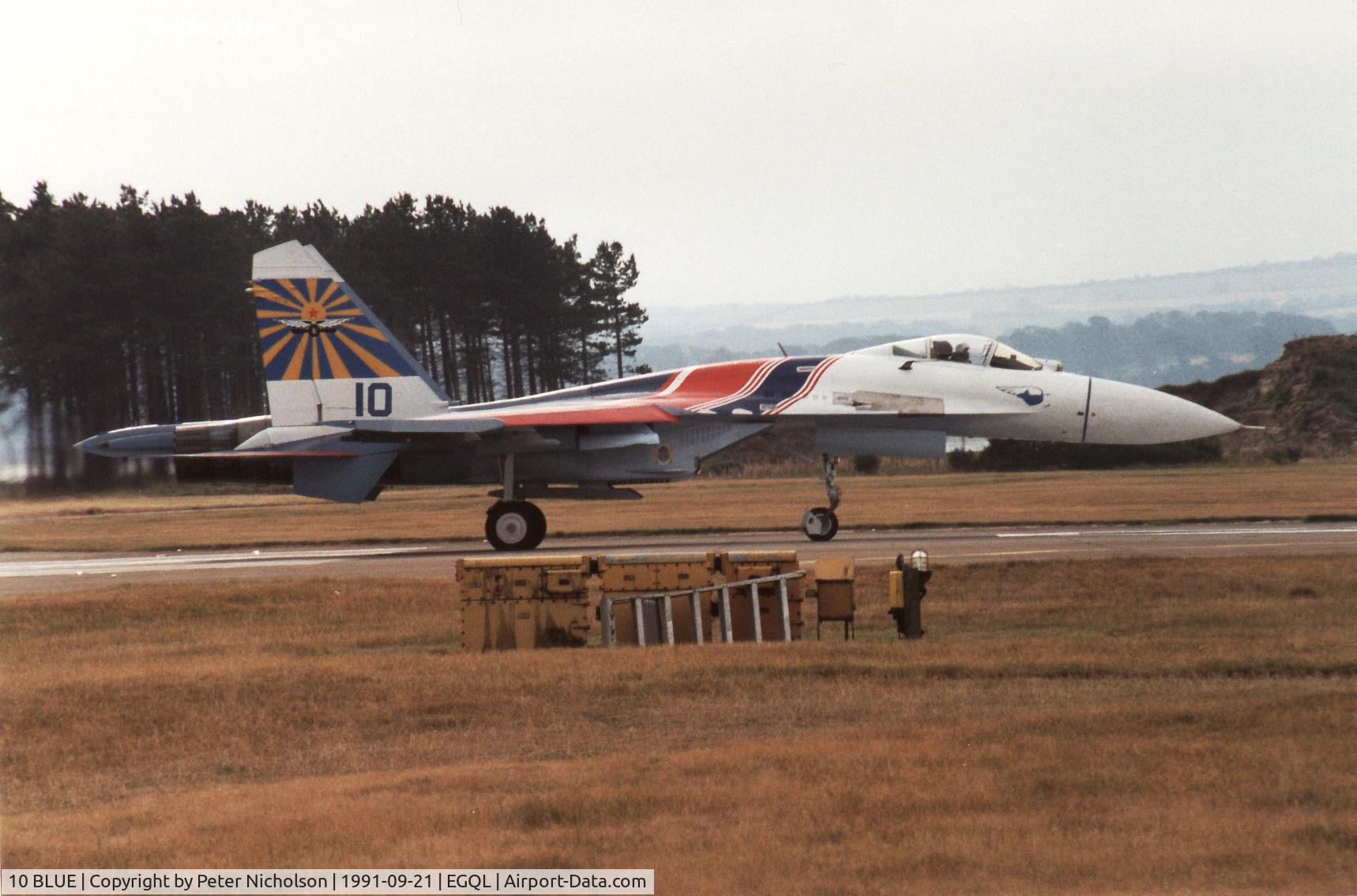 10 BLUE, Sukhoi Su-27A C/N 36911031614, Flanker B of the Russian Knights display team preparing for take-off at the 1991 RAF Leuchars Airshow.