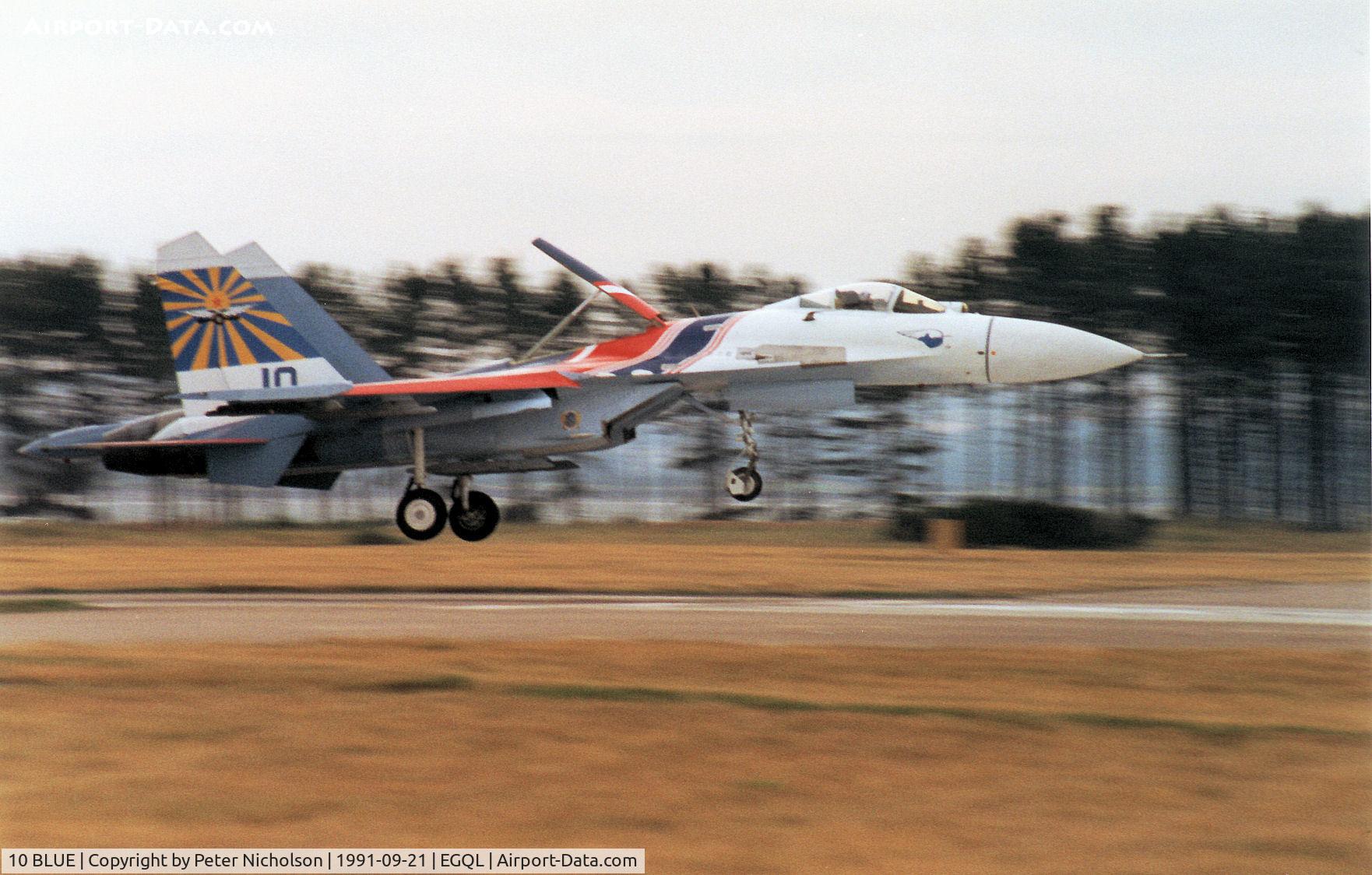 10 BLUE, Sukhoi Su-27A C/N 36911031614, Flanker B of the Rusian Knights display team landing at the 1991 RAF Leuchars Airshow.