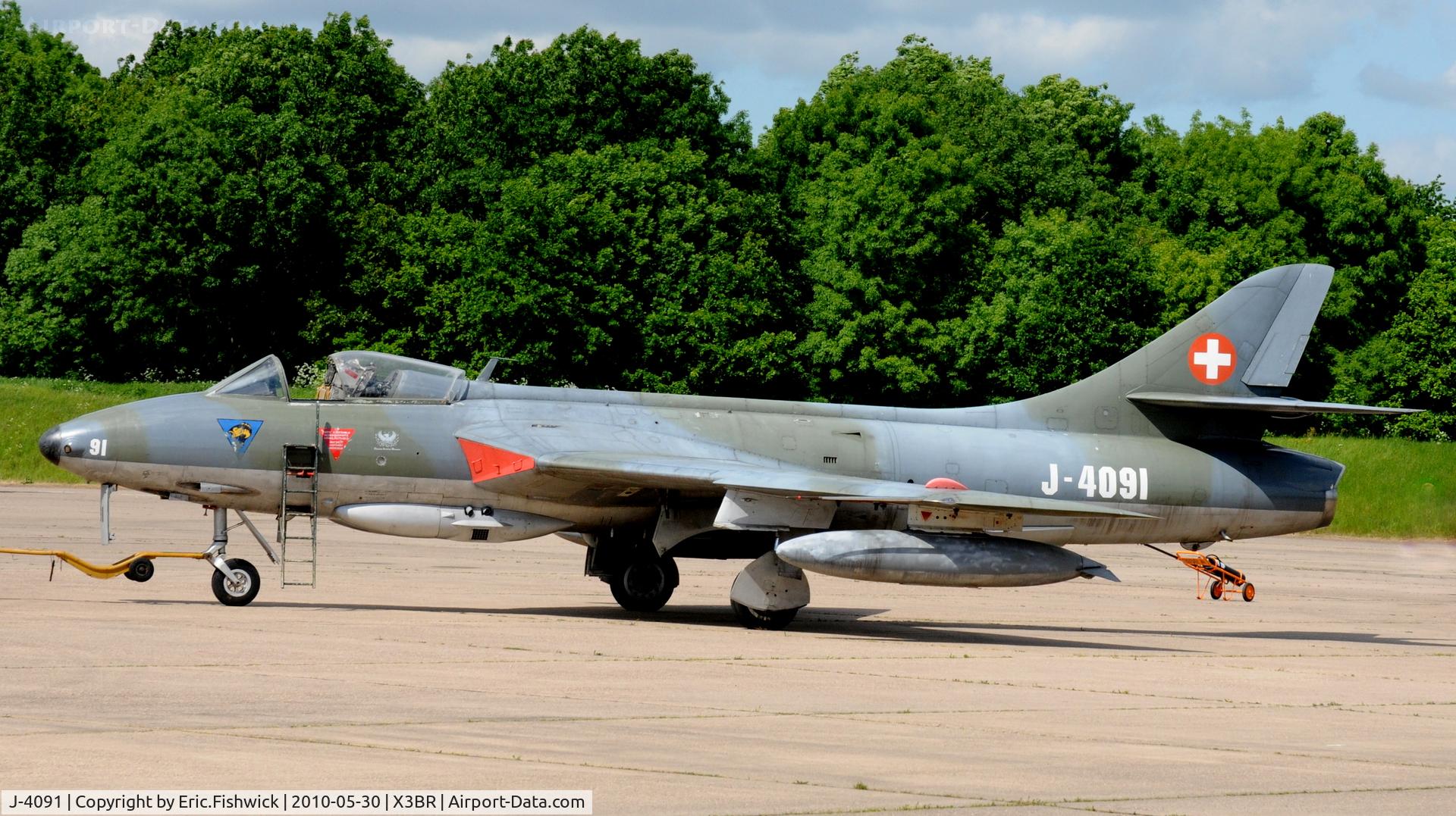 J-4091, 1959 Hawker Hunter F.58 C/N 41H-697458, J4091 An immaculate Hunter displaying her authentic, original, Swiss Air Force colours and registration at Bruntingthorpe Cold War Jets Open Day - May 2010  