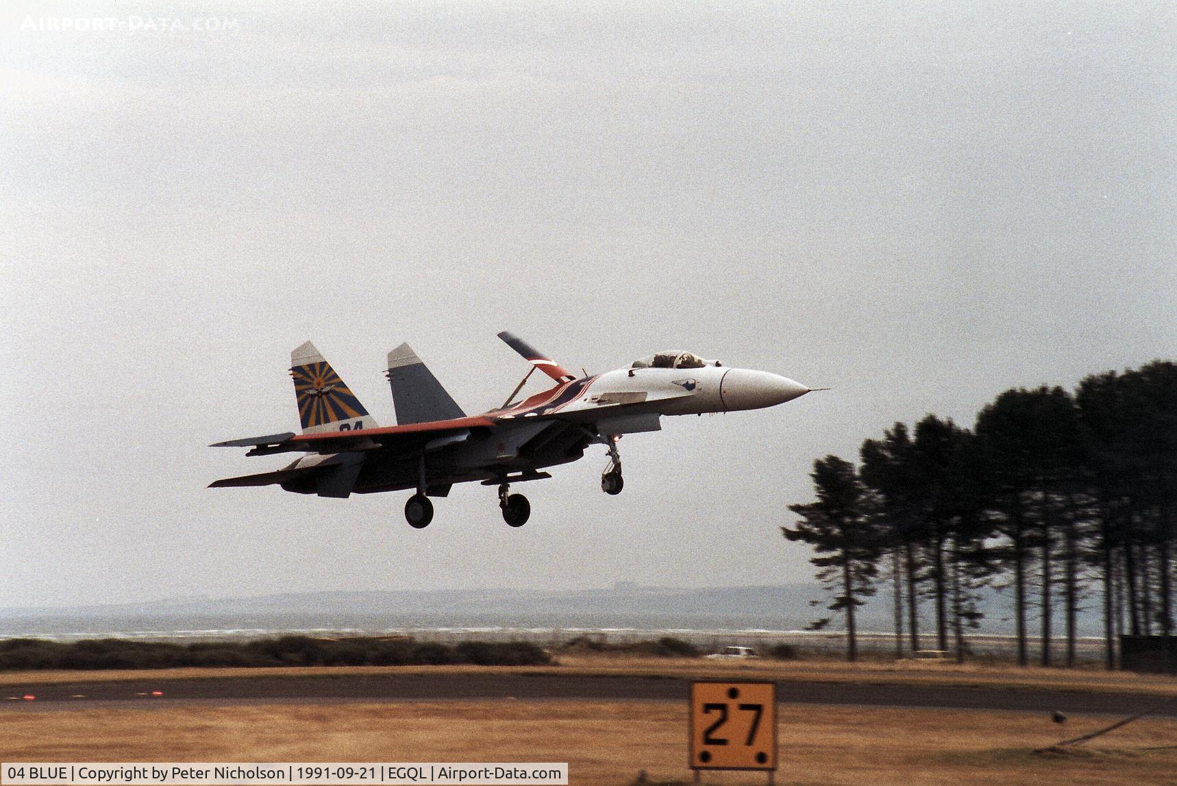 04 BLUE, Sukhoi Su-27A C/N 36911032001, Flanker B of the Russian Knights display team on final approach at the 1991 RAF Leuchars Airshow.