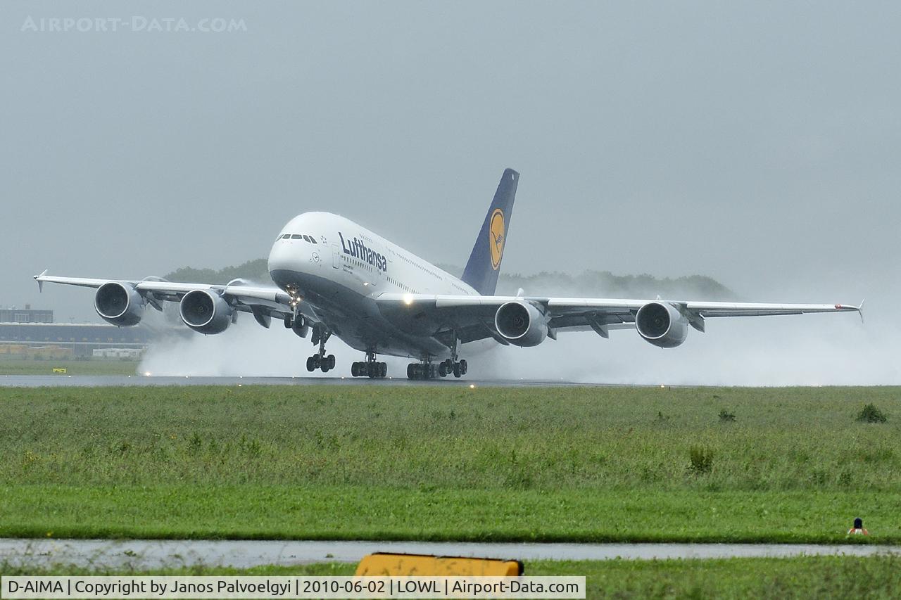 D-AIMA, 2010 Airbus A380-841 C/N 038, Lufthansa Airbus A380-841 take off in LOWL/LNZ on RWY27