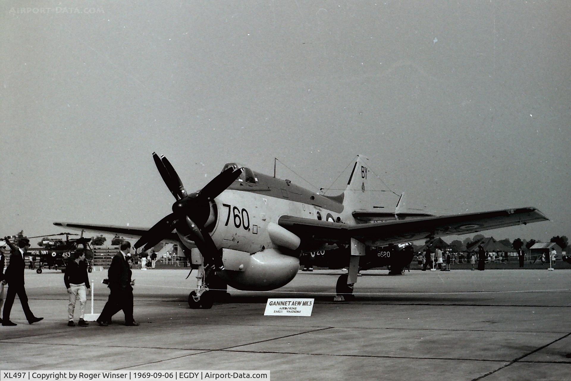 XL497, 1960 Fairey Gannet AEW.3 C/N F9456, On display at RNAS Yeovilton Naval Air Day in 1969. Aircraft 760/BY of HQ Flight 849 NAS based at RNAS Brawdy (EGDA). Extant 2012.