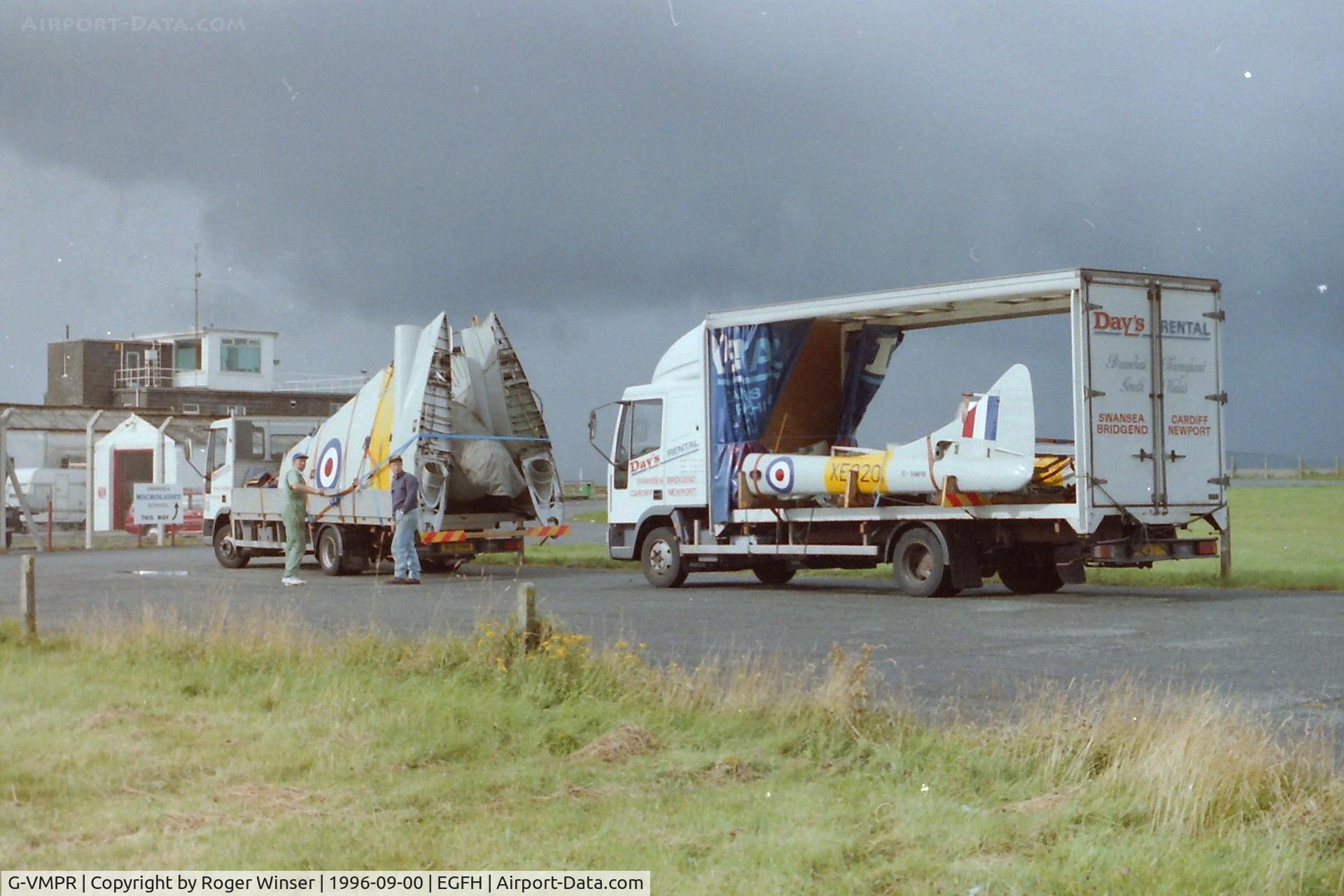 G-VMPR, 1955 De Havilland DH-115 Vampire T.11 C/N 15621, Delivery of ex-RAF DH Vampire XE920 to Swansea Airport in September 1996 for reassembly to flying status.