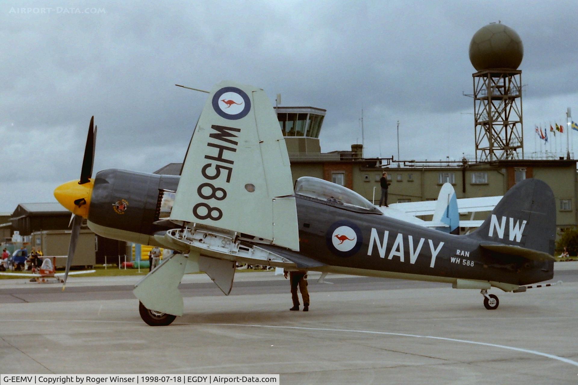 G-EEMV, 1951 Hawker Sea Fury FB.11 C/N 41H/636335, Marked as WH588/114/NW of 805 squadron RAN.   At RNAS Yeoviton Air Day 1998