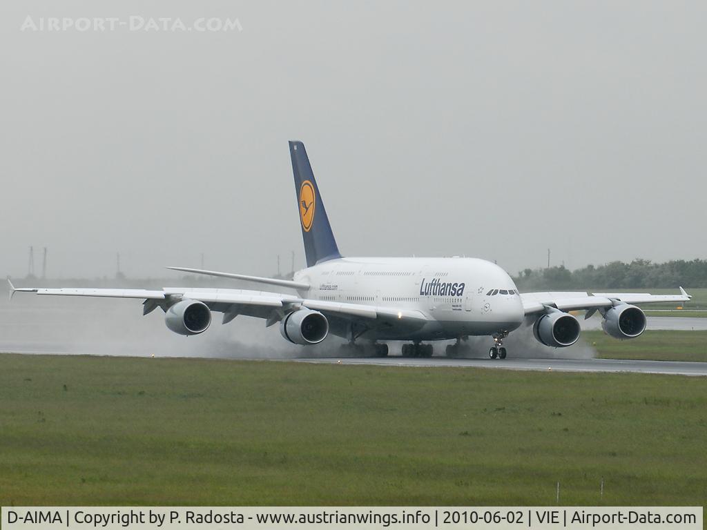 D-AIMA, 2010 Airbus A380-841 C/N 038, Revers! First landing in Austria at VIE RWY 34