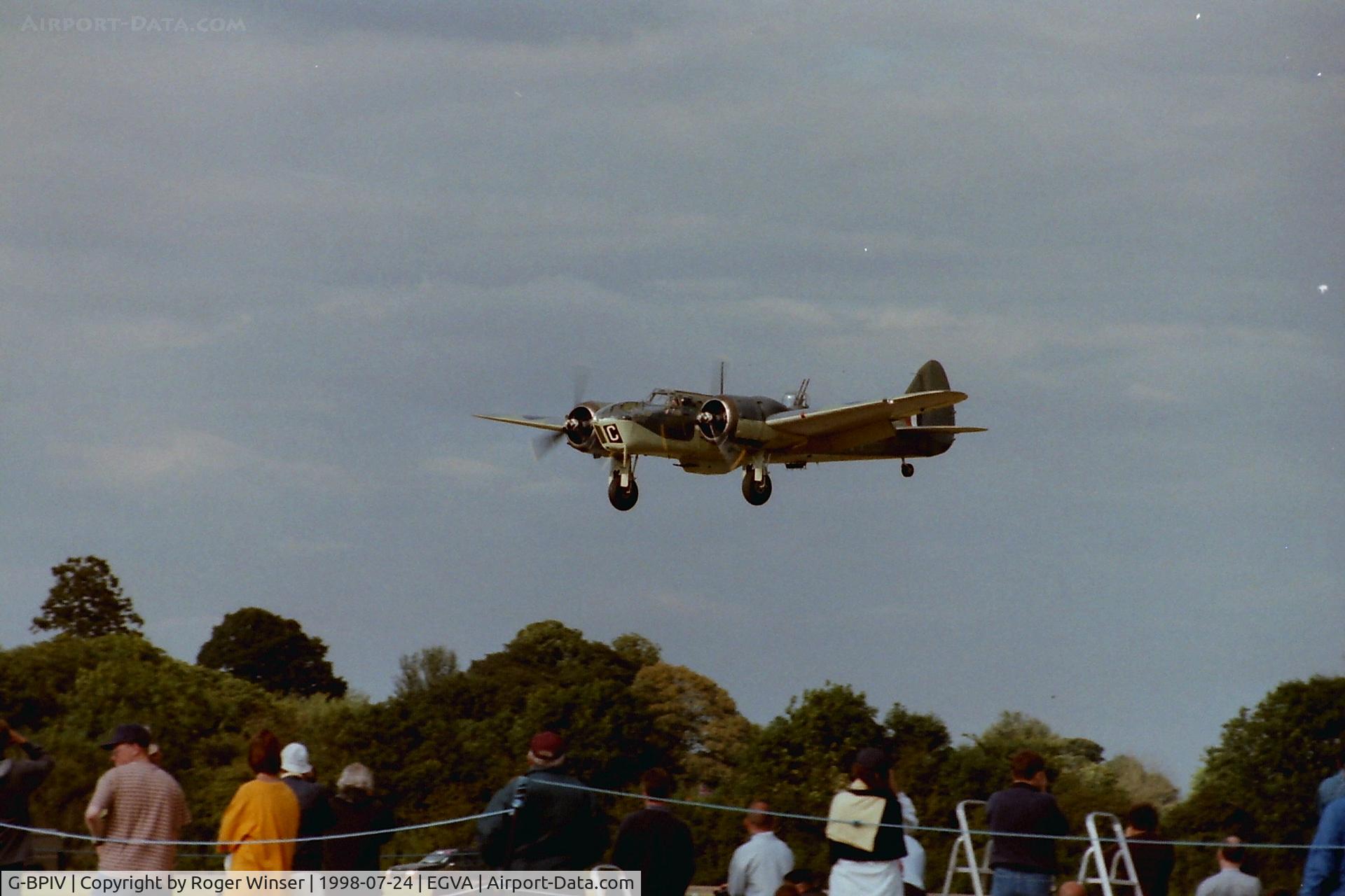 G-BPIV, 1943 Bristol 149 Bolingbroke Mk.IVT C/N 10201, Marked as L8891/QY-C representing a Bristol Blenhein IVf of 254 Squadron RAF. Arriving at RIAT 1998 held at RAF Fairford.
