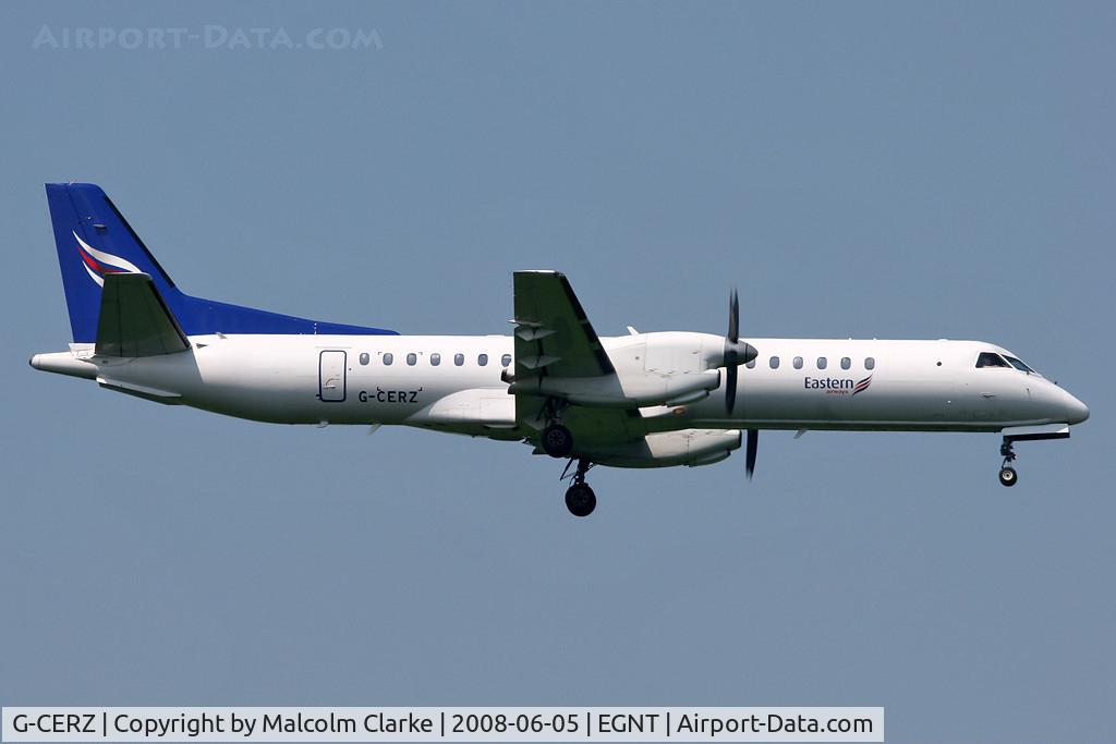 G-CERZ, 1997 Saab 2000 C/N 2000-042, Saab 2000 on finals to 07 at Newcastle Airport in 2008.