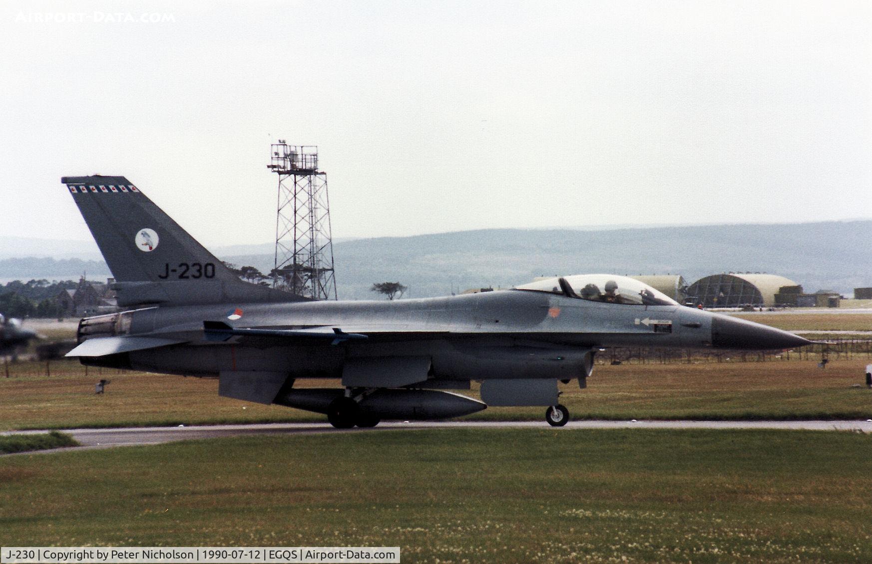 J-230, 1978 Fokker F-16A Fighting Falcon C/N 6D-19, F-16A Falcon of 322 Squadron Royal Netherlands Air Force preparing to depart from RAF Lossiemouth in the Summer of 1990.