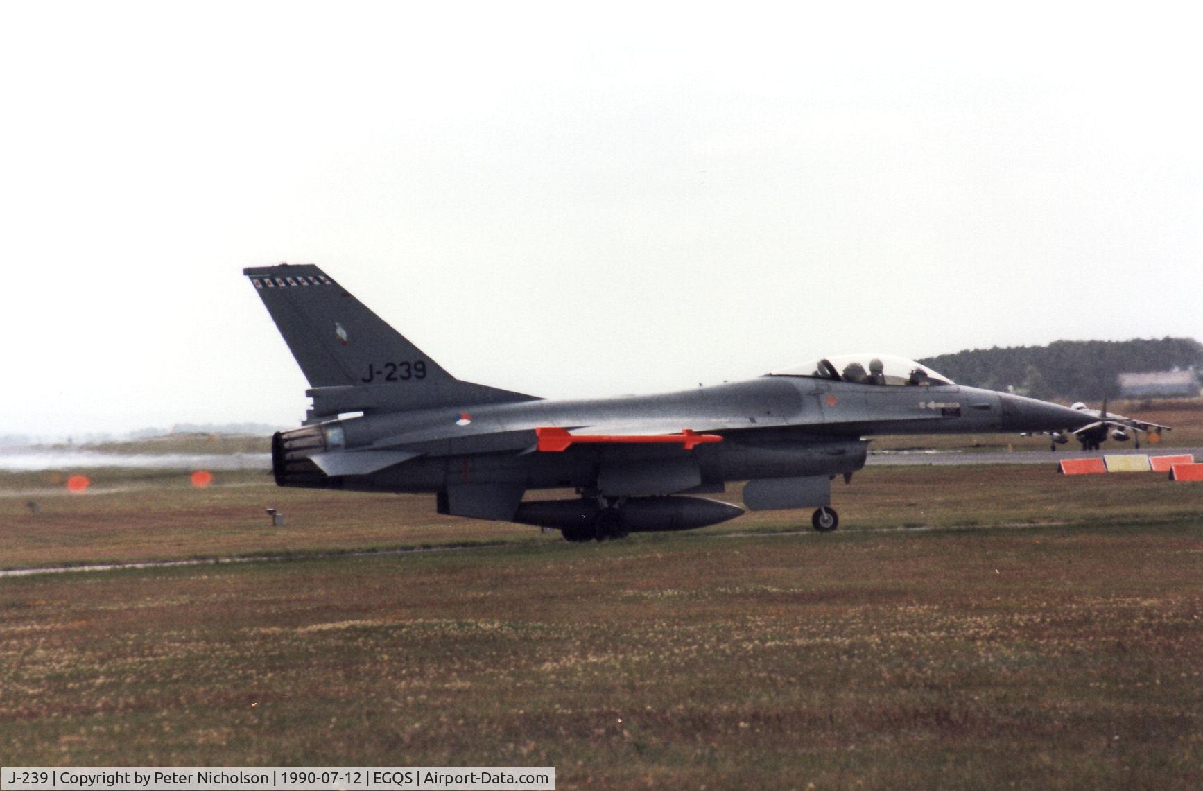 J-239, 1978 Fokker F-16A Fighting Falcon C/N 6D-28, F-16A Falcon of 322 Squadron Royal Netherlands Air Force preparing to depart from RAF Lossiemouth in the Summer of 1990.