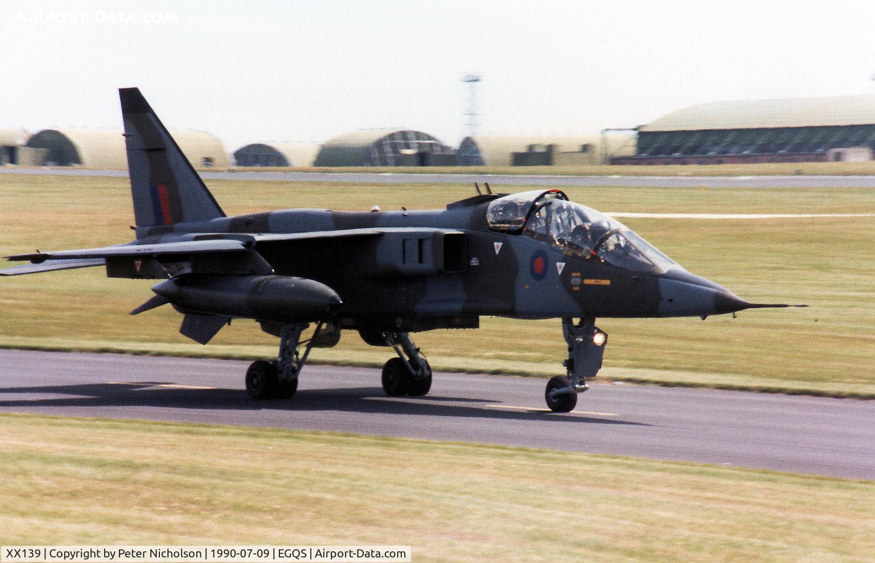 XX139, 1973 Sepecat Jaguar T.2A C/N B.4, Unmarked Jaguar T.2A of 226 Operational Conversion Unit taxying to the active runway at RAF Lossiemouth in the Summer of 1990.