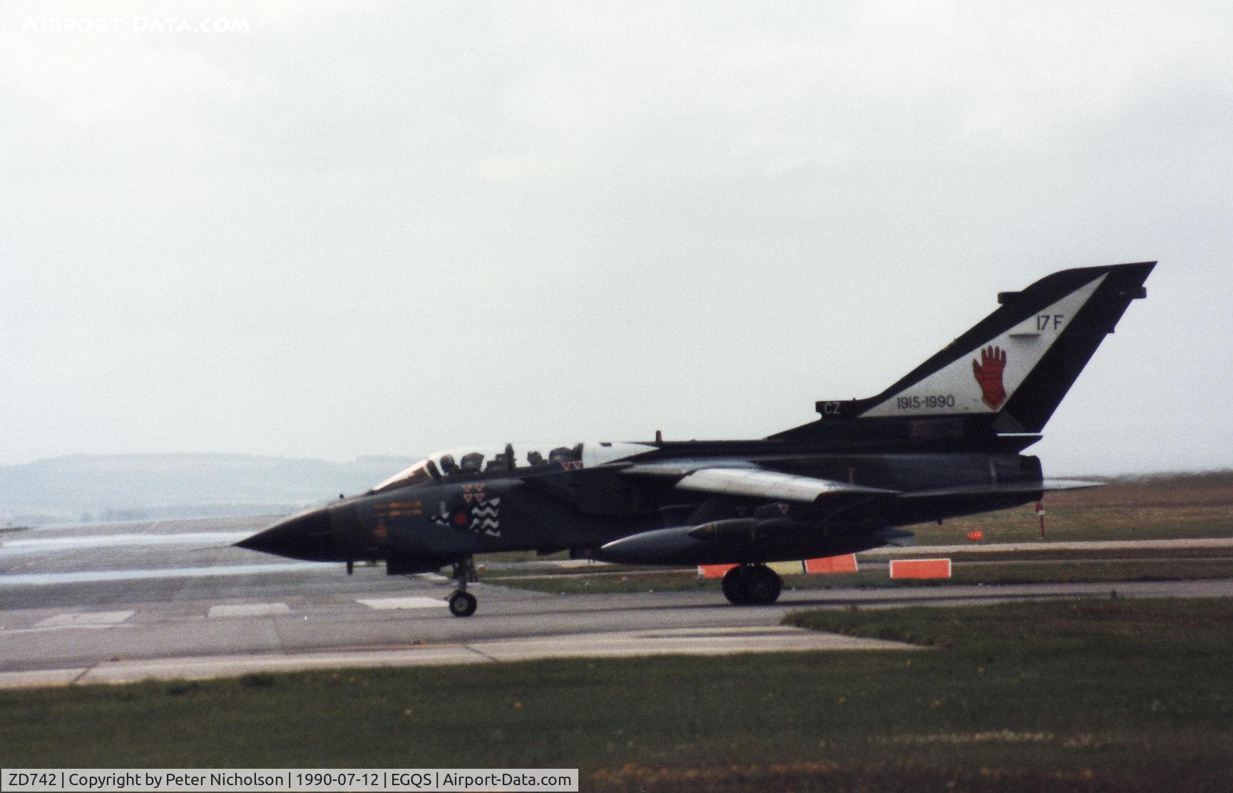 ZD742, 1984 Panavia Tornado GR.1 C/N 364/BT041/3168, Tornado GR.1 of 17 Squadron with 75th anniversary tail markings departing RAF Lossiemouth in the Summer of 1990.