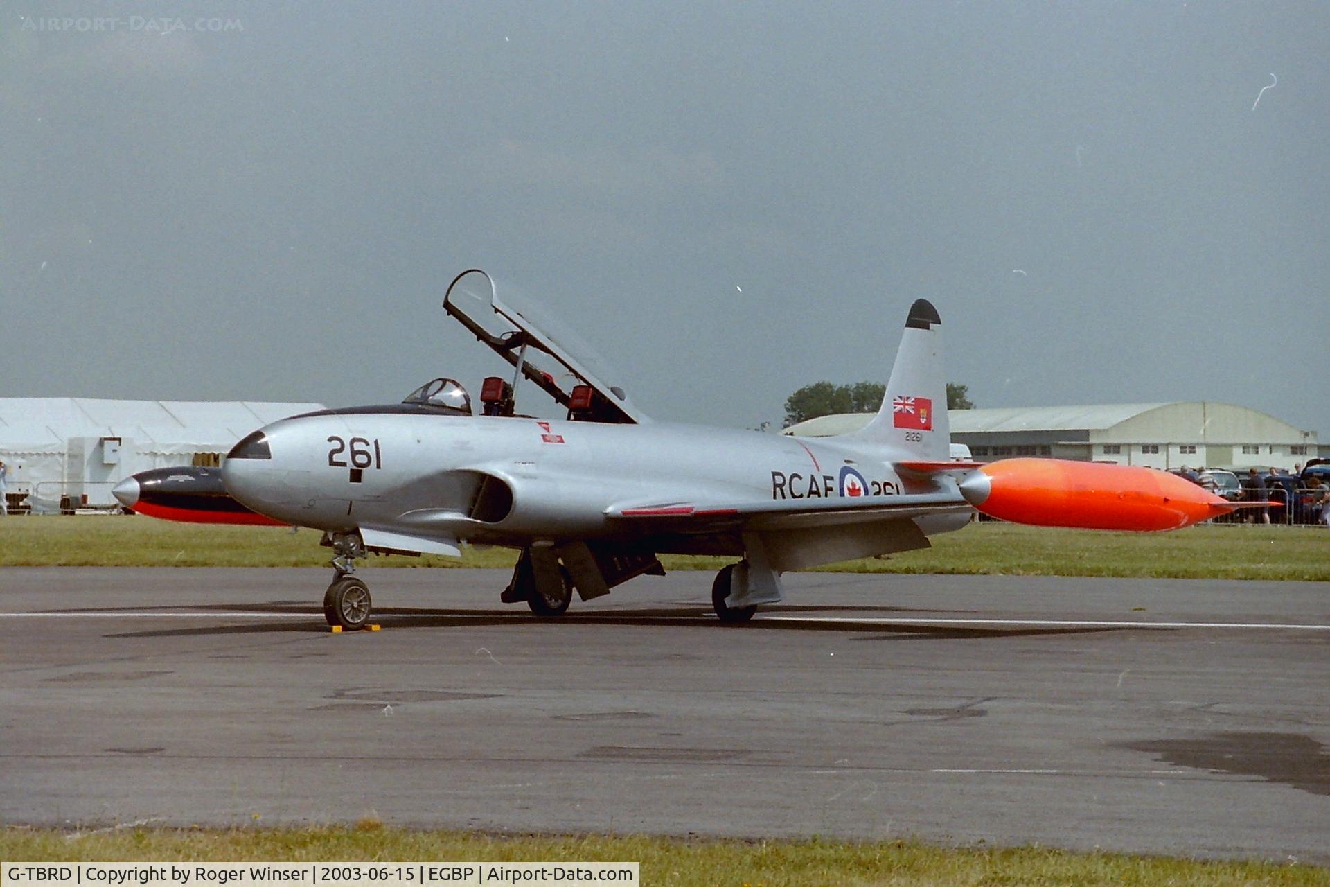 G-TBRD, 1954 Canadair CT-133 Silver Star 3 C/N T33-261, Golden Apple Operation's Silver Star marked 21261/RCAF 261 at the Classic Jets Airshow, Kemble in 2003. Formerly G-OAHB and G-JETT. G-TBRD was de-registered on 9th September 2007.