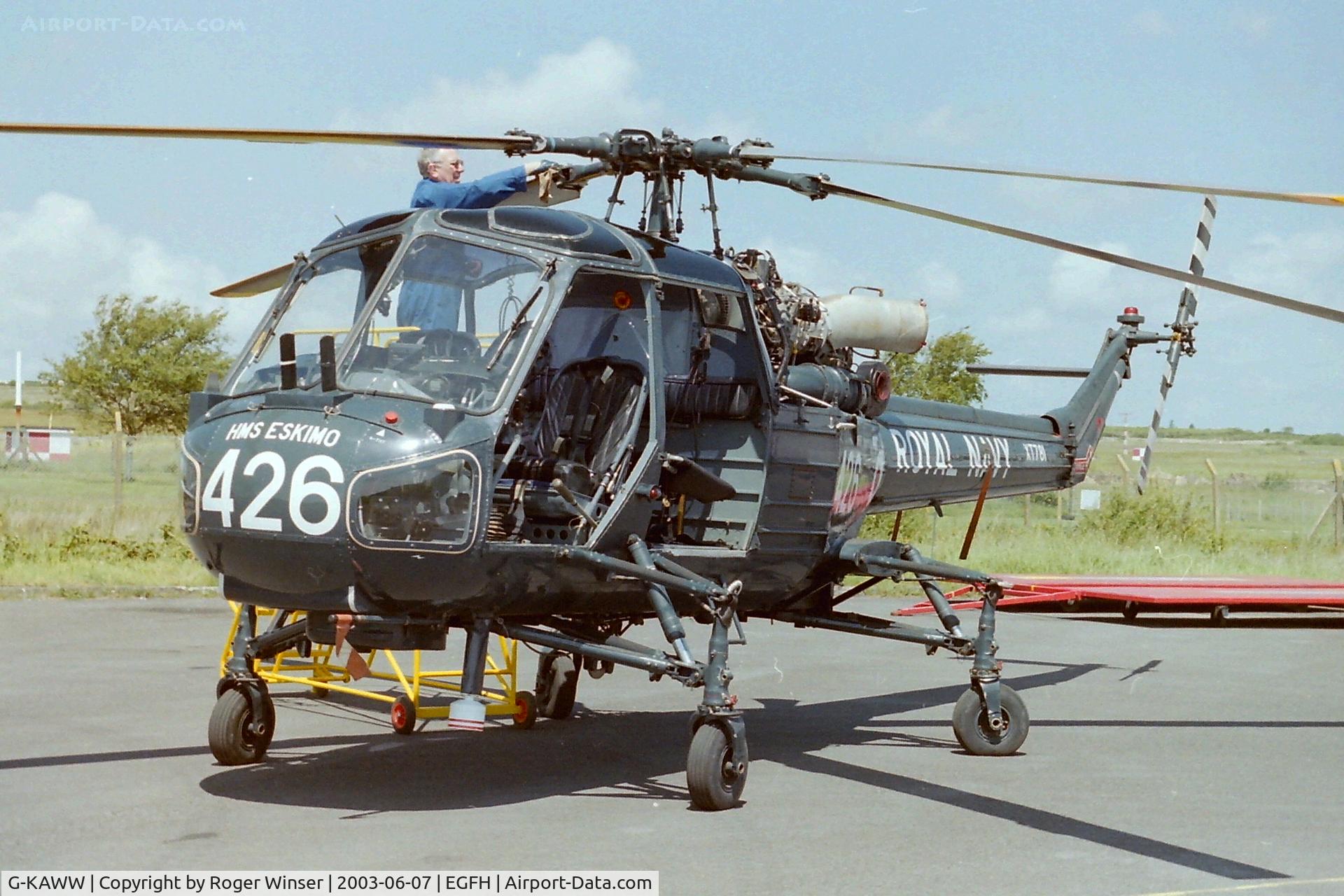 G-KAWW, 1966 Westland Wasp HAS.1 C/N F9663, Gower Jets ex-RN/ex-RNZAF helicopter marked as XT781/426 HMS Eskimo