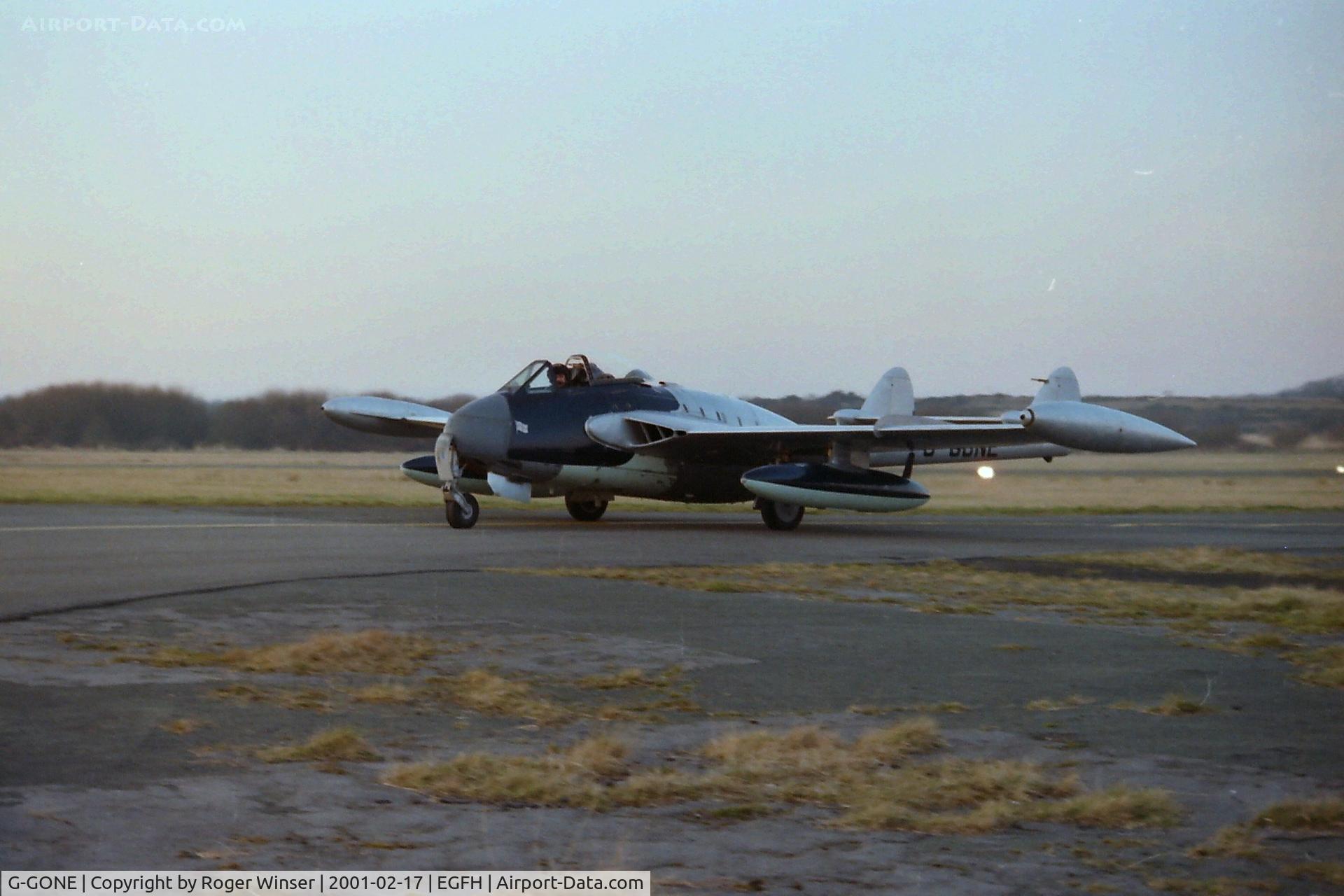 G-GONE, 1954 De Havilland (F+W Emmen) DH-112 Venom FB.50 C/N 752, Sunset arrival to join DHA's fleet of classic de Havilland aircraft at Swansea Airport. A DH nose has replaced the long pointed nose fitted by the Swiss AF 
