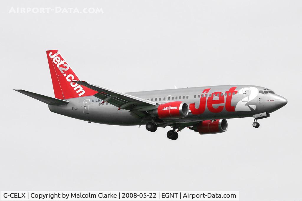 G-CELX, 1986 Boeing 737-377(QC) C/N 23654, Boeing 737-377 on short final to 07 at Newcastle Airport in 2008.