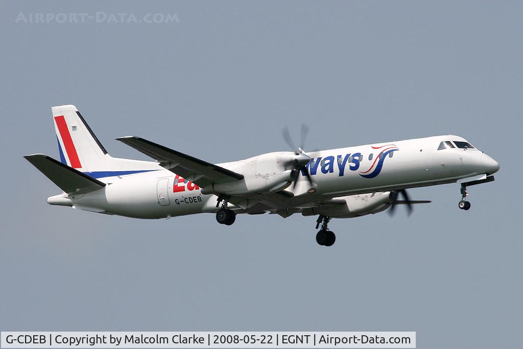 G-CDEB, 1996 Saab 2000 C/N 2000-036, Saab 2000 on finals to 07 at Newcastle Airport in 2008.