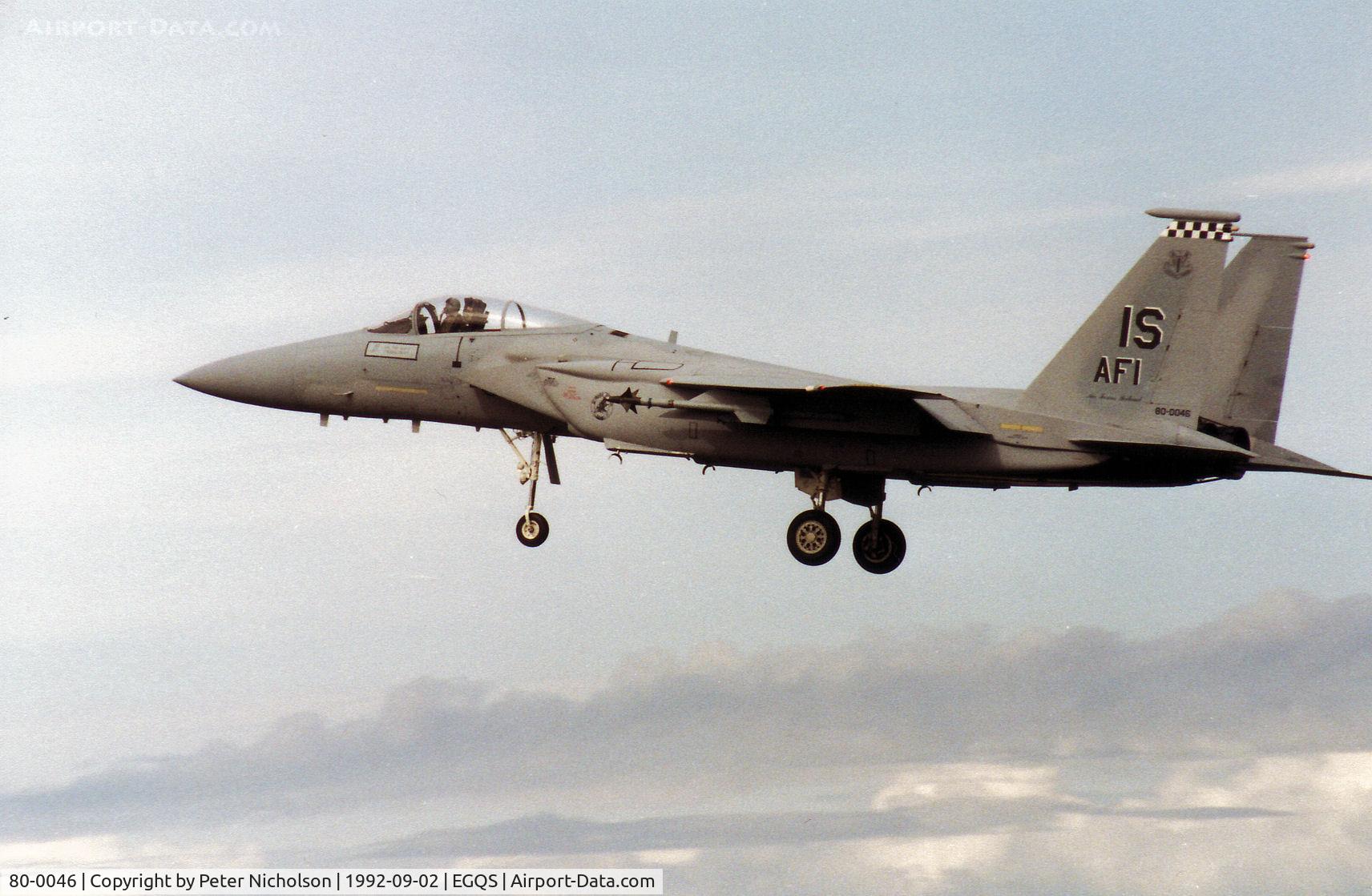 80-0046, McDonnell Douglas F-15C Eagle C/N 0717/C195, F-15C Eagle, callsign Eagle 1, of 57th Fighter Squadron at Keflavik landing at RAF Lossiemouyth in September 1992.