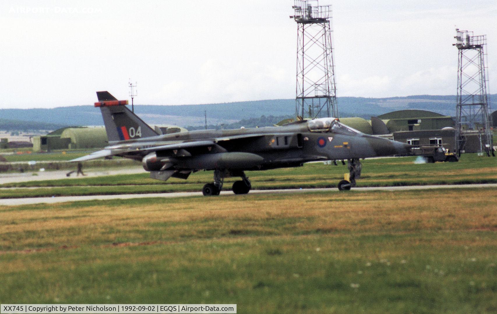 XX745, 1974 Sepecat Jaguar GR.1A C/N S.42, Jaguar GR.1A of 16[R] Squadron taxying to the active runway at RAF Lossiemouth in September 1992.
