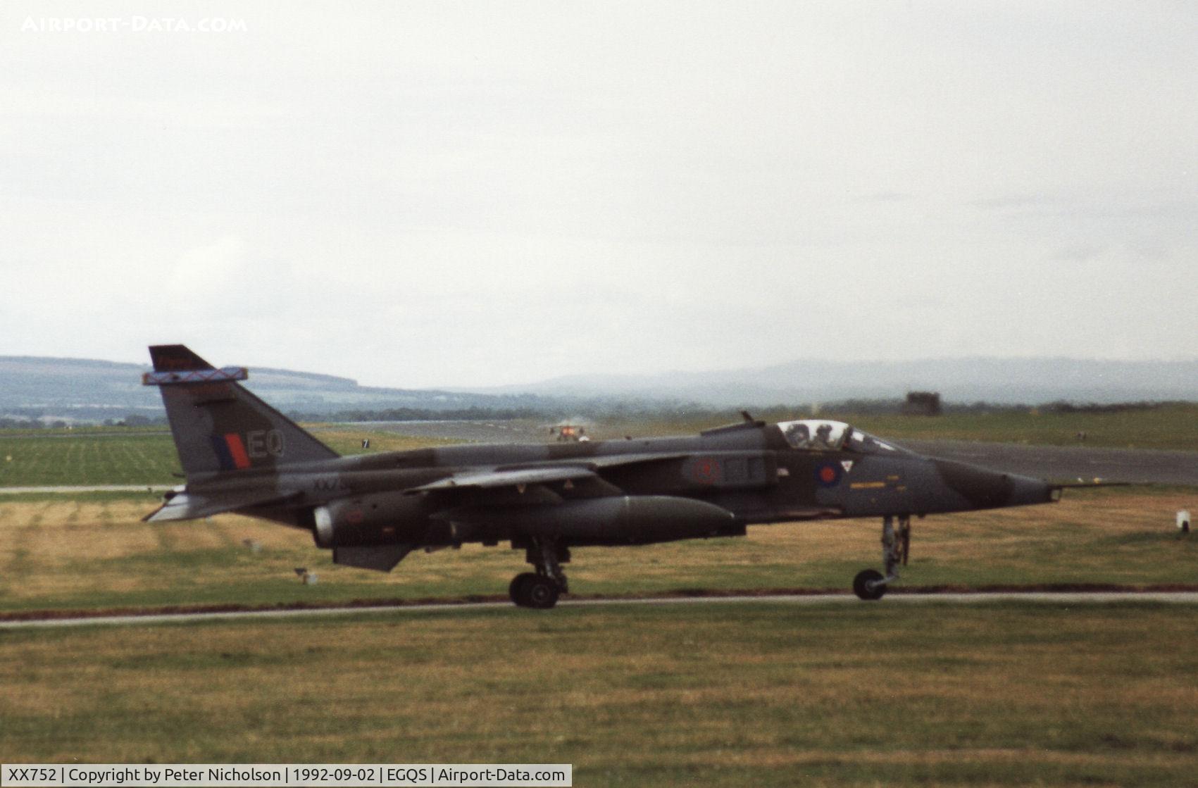 XX752, 1975 Sepecat Jaguar GR.1A C/N S.49, Jaguar GR.1A, callsign Boxer 1, of 6 Squadron at RAF Coltishall taxying to the active runway at RAF Lossiemouth in September 1992.