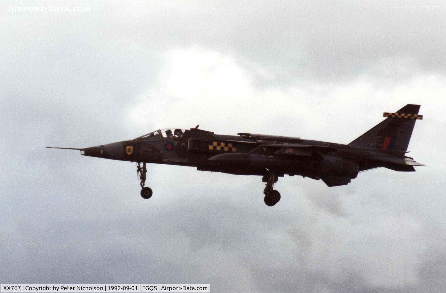 XX767, 1975 Sepecat Jaguar GR.1A C/N S.64, Jaguar GR.1A of 54 Squadron based at RAF Coltishall landing at RAF Lossiemouth in September 1992.