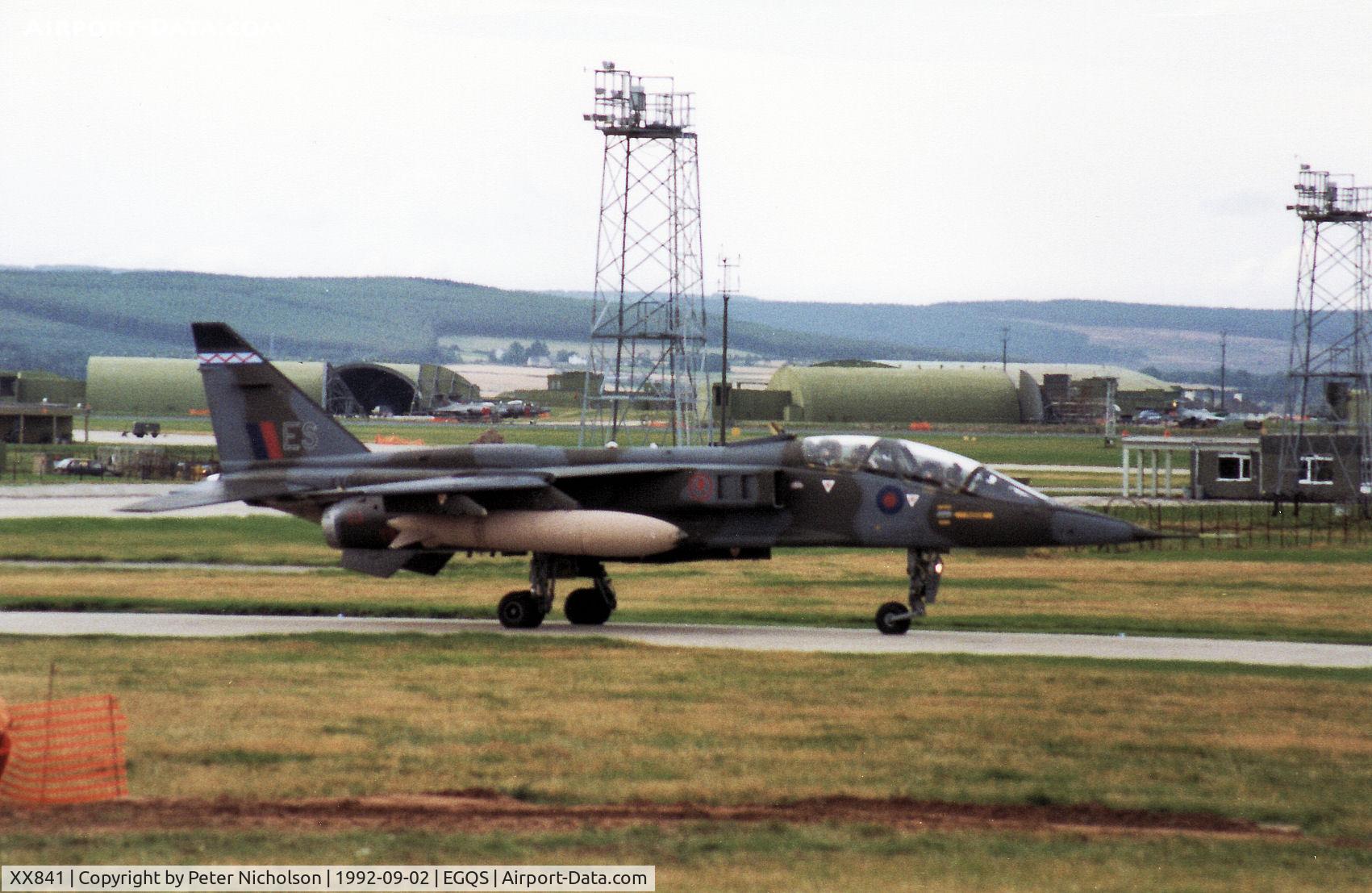 XX841, 1975 Sepecat Jaguar T.2A C/N B.29, Jaguar T.2A, callsign Boxer 3, of 6 Squadron at RAF Coltishall taxying to the active runway at RAF Lossiemouth in September 1992.