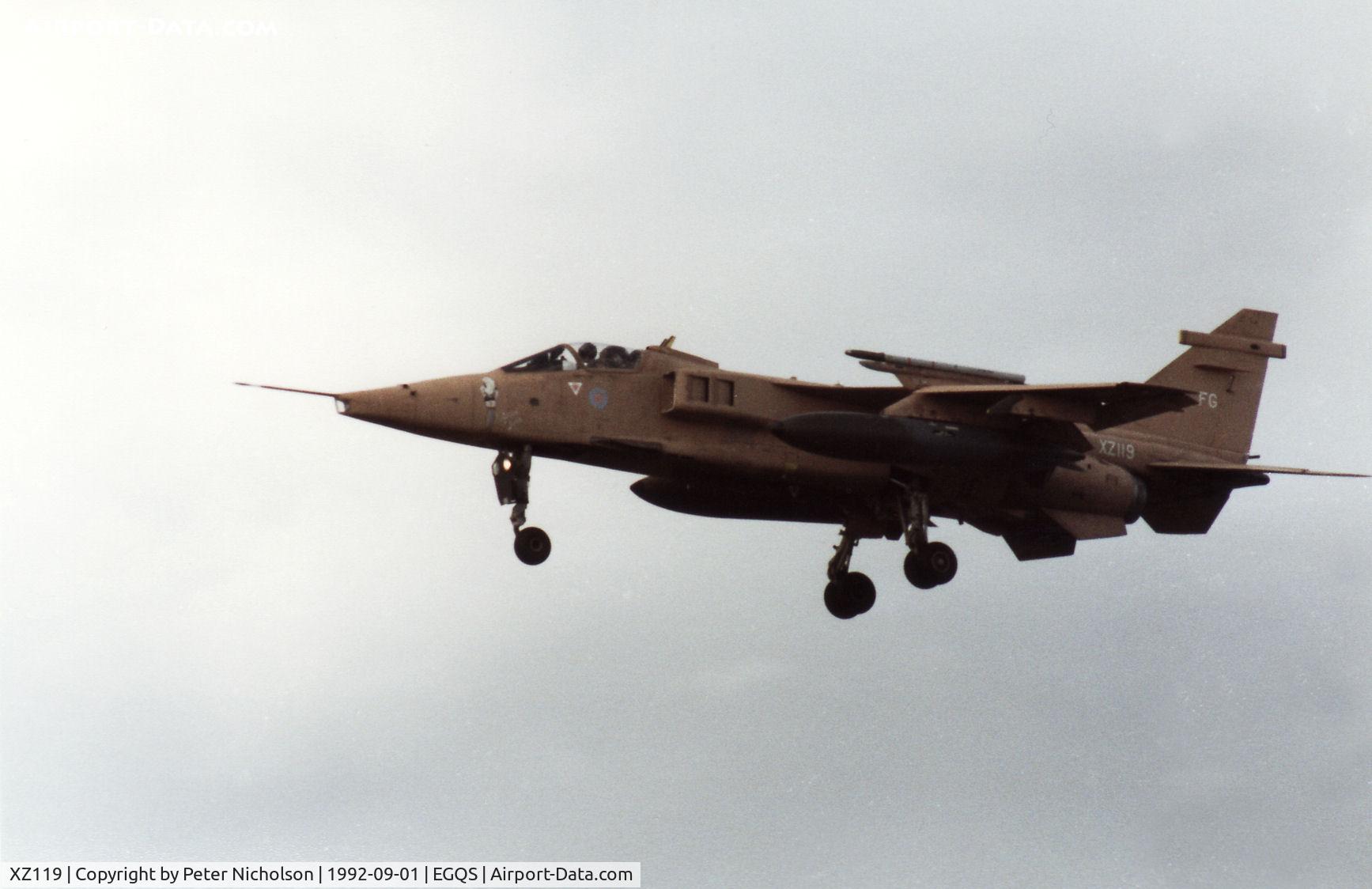 XZ119, 1976 Sepecat Jaguar GR.1A C/N S.120, Jaguar GR.1A named Katrina Jane of 41 Squadron based at RAF Coltishall landing at RAF Lossiemouth in September 1992.  The aircraft is now preserved at the National Museum of Flight at East Fortune.