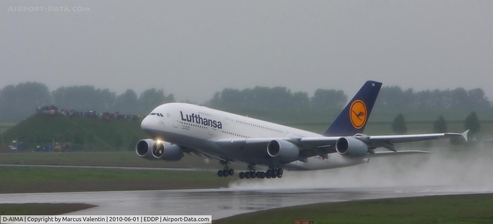 D-AIMA, 2010 Airbus A380-841 C/N 038, the first landing from the A380 / Lufthansa in leipzig youre welcome. what a bad weather for that nice aircraft.