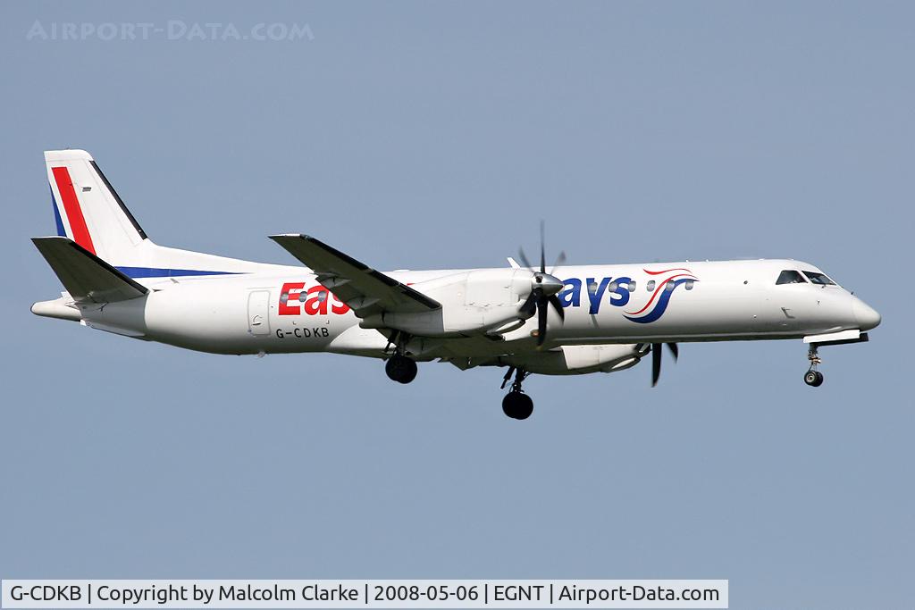 G-CDKB, 1996 Saab 2000 C/N 2000-032, Saab 2000 on approach to Newcastle Airport in 2008.