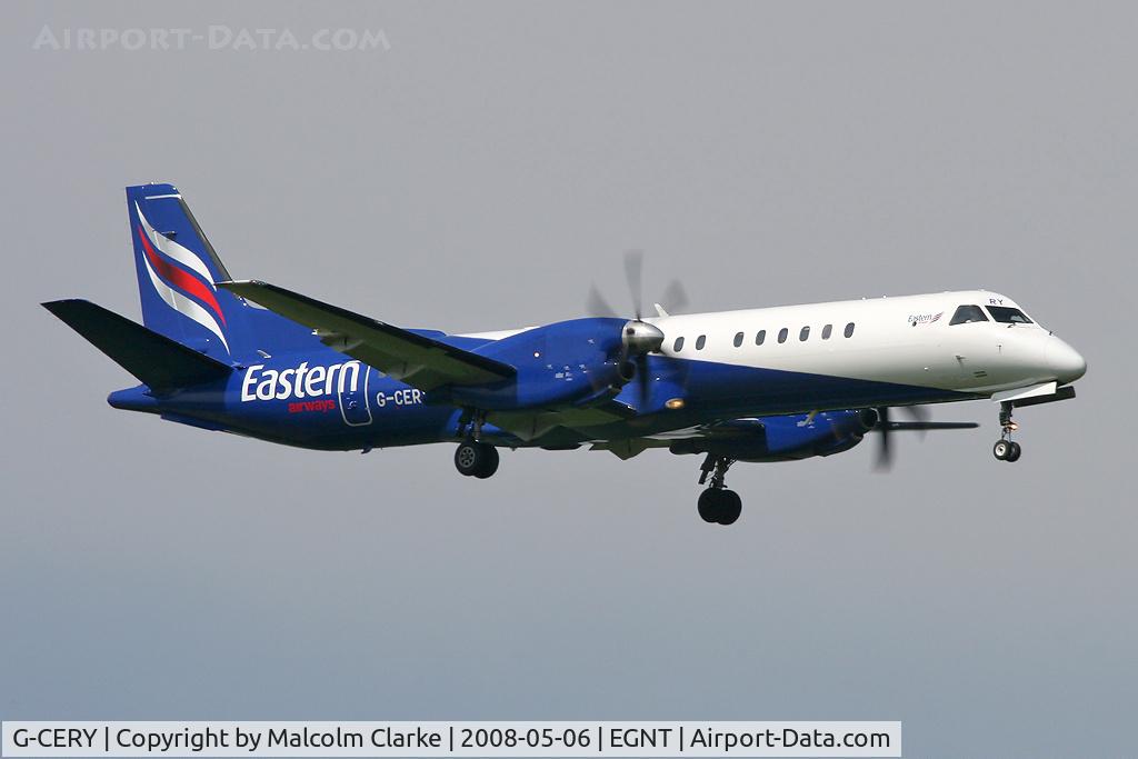 G-CERY, 1994 Saab 2000 C/N 2000-008, Saab 2000 on approach to Runway 07 at Newcastle Airport in 2008.