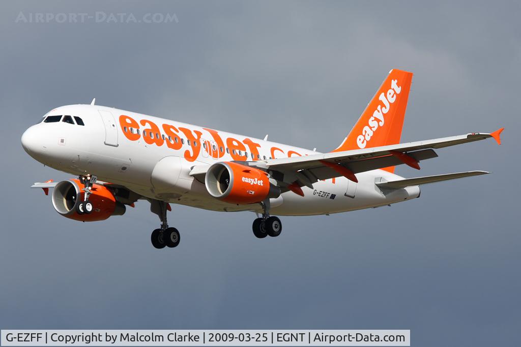 G-EZFF, 2009 Airbus A319-111 C/N 3844, Airbus A319-111 on approach to Runway 25 at Newcastle Airport in 2009.