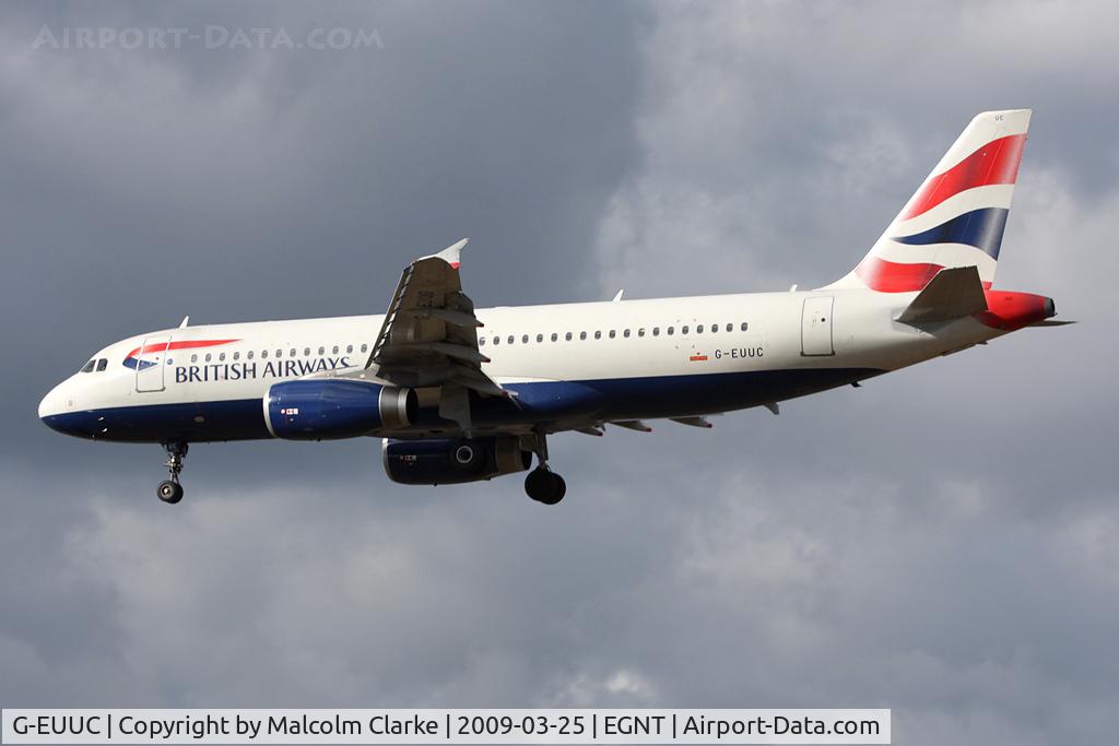 G-EUUC, 2001 Airbus A320-232 C/N 1696, Airbus A320-232 on approach to Runway 25 at Newcastle Airport in 2009.