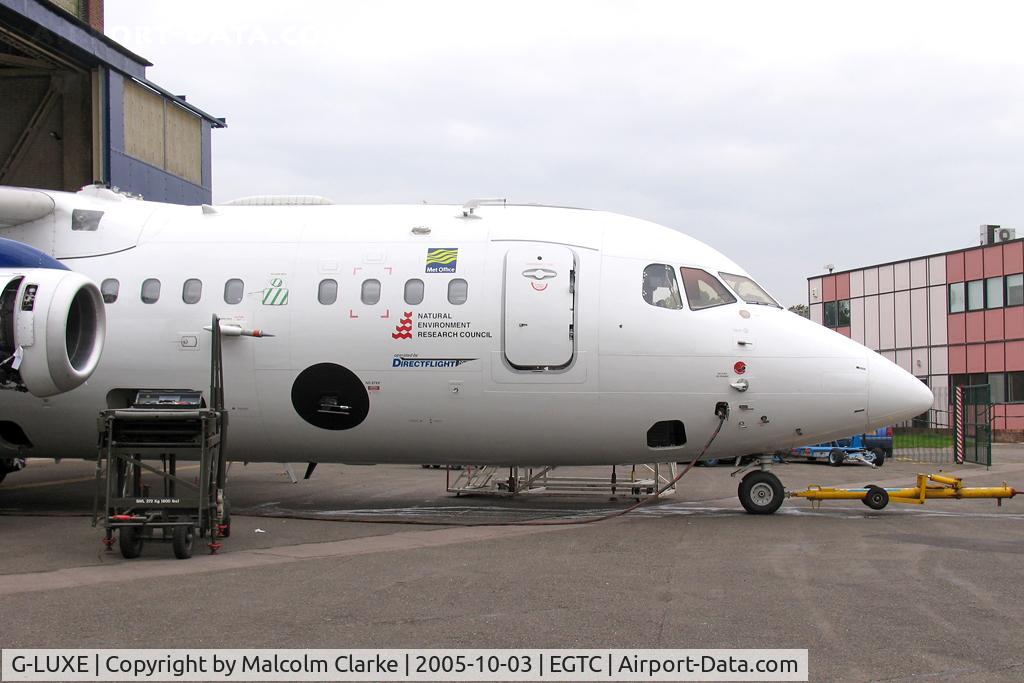 G-LUXE, 1981 British Aerospace BAe.146-301 C/N E3001, British Aerospace BAe-146-301ARA at Cranfield Airport in 2005. Ex BAe146-100 G-SSSH cn E1001. Employed in atmospheric investigations and research.