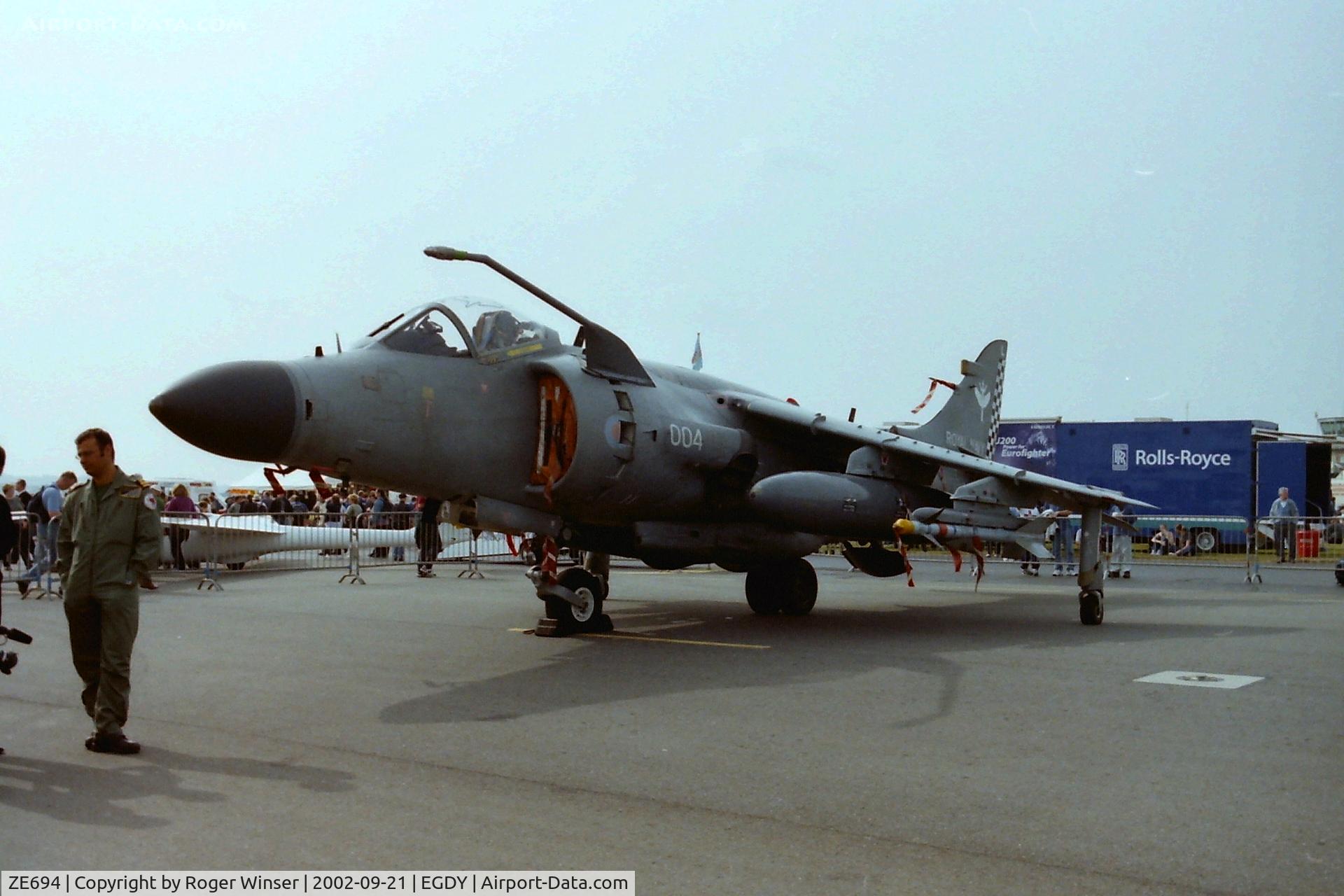 ZE694, 1988 British Aerospace Sea Harrier F/A.2 C/N B53/P28, Coded 004/L of 801 NAS (based on HMS Illustrious) at RNAS Yeovilton Air Day 2002. Since preserved at the Midlands Air Museum at Coventry Airport