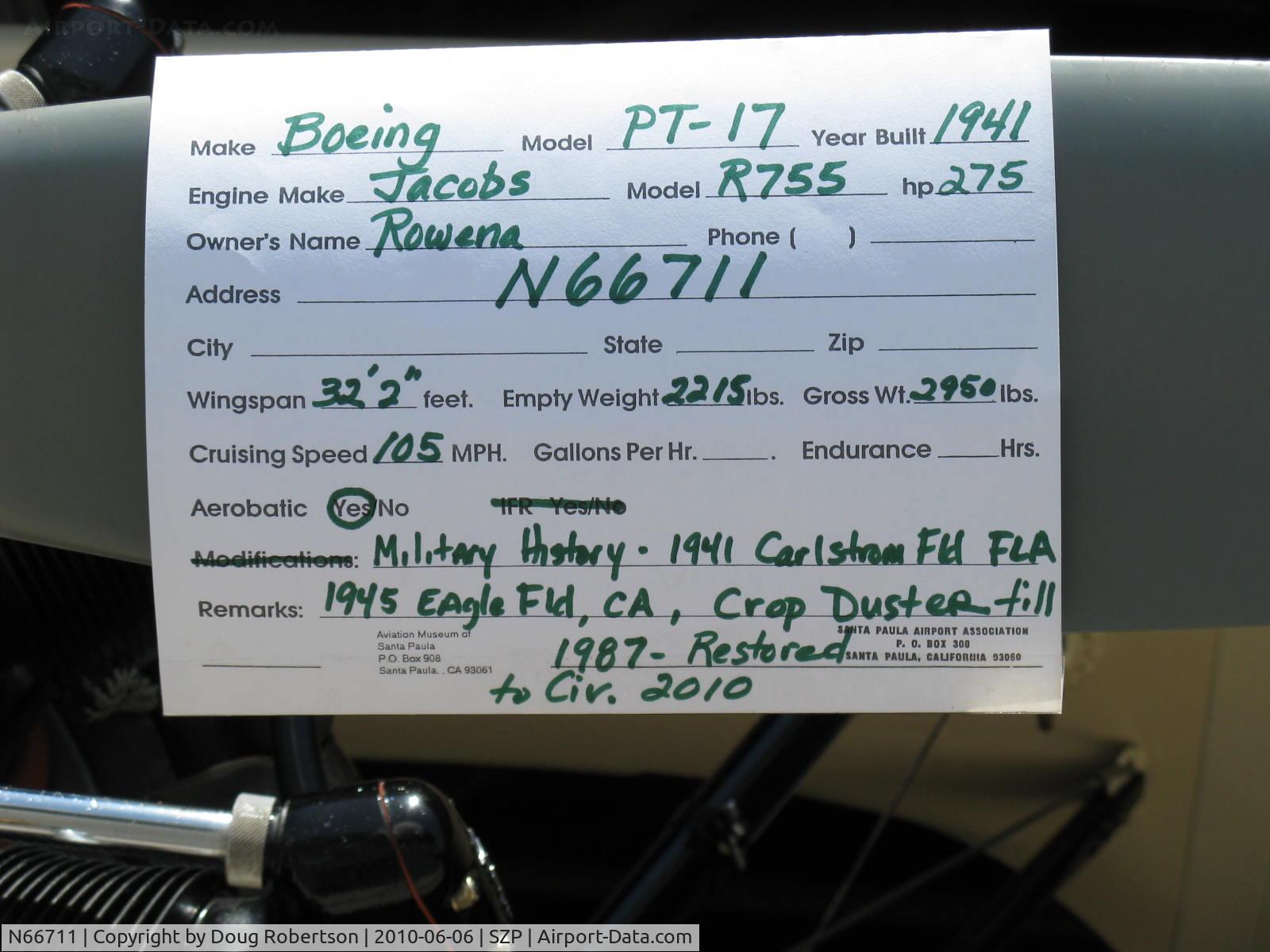 N66711, 1941 Boeing IB75A C/N 75-1675, 1941 Boeing Stearman IB75A, Jacobs R-755B2 275 Hp, data and history card. Pete Mason bought this aircraft at auction in Bakersfield, CA in 1987-restoration, repower, recover, paint complete 2010.