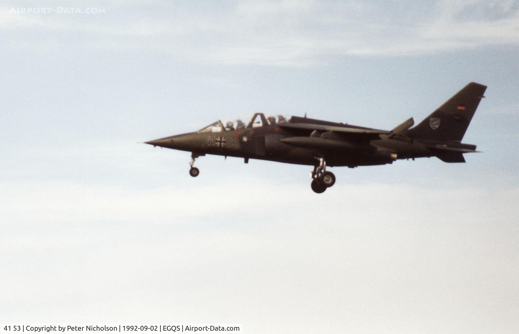 41 53, Dassault-Dornier Alpha Jet A C/N 0153, Alpha Jet, callsign Giorgio, of JBG-49 on final approach to RAF Lossiemouth in September 1992.