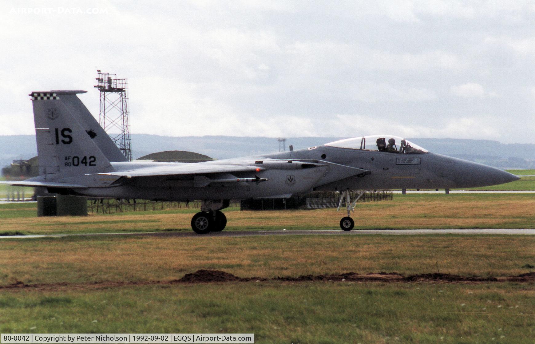 80-0042, McDonnell Douglas F-15C Eagle C/N 0707/C191, 57th Fighter Squadroin F-15C Eagle departing RAF Lossiemouth in September 1992.