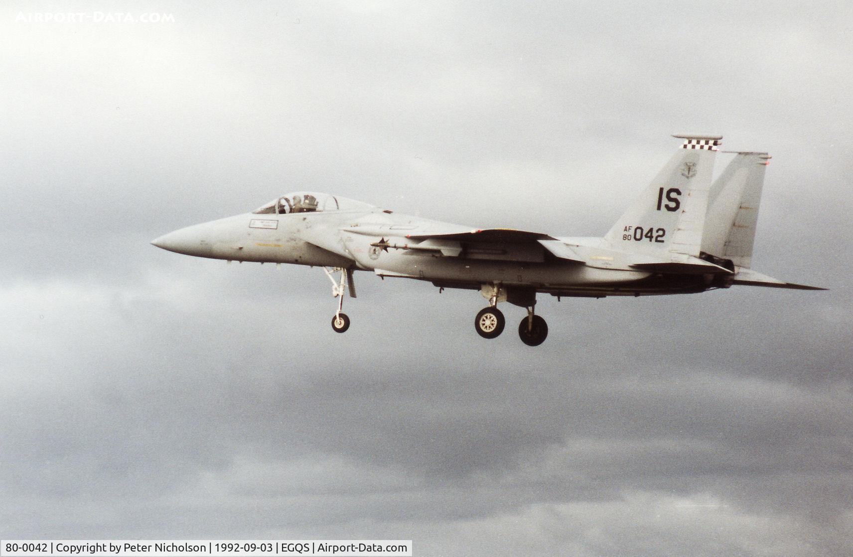 80-0042, McDonnell Douglas F-15C Eagle C/N 0707/C191, F-15C Eagle of 57th Fighter Squadron on final approach to RAF Lossiemouth in September 1992.