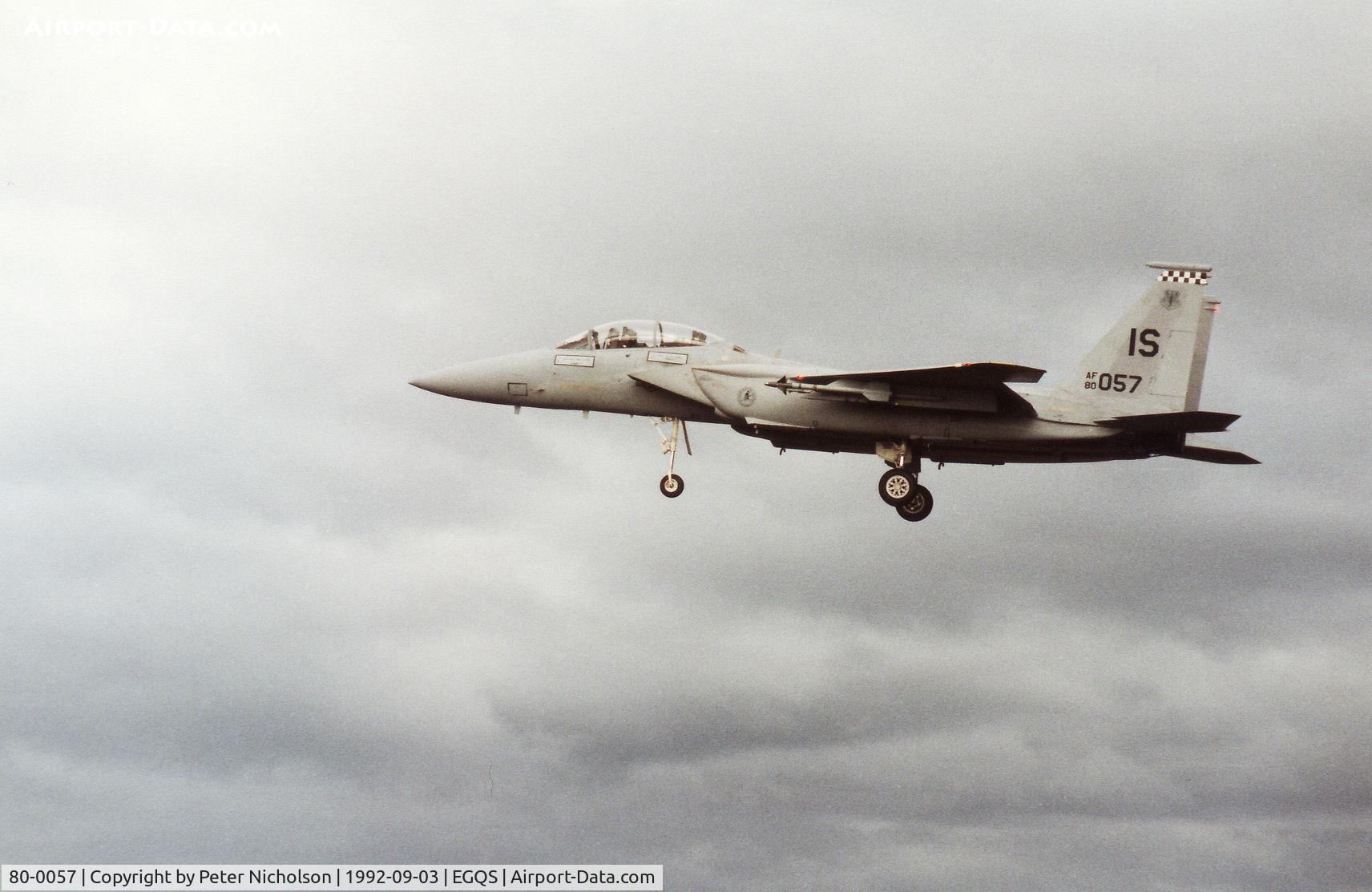 80-0057, 1980 McDonnell Douglas F-15D Eagle C/N 0698/D029, F-15D Eagle of 57th Fighter Squadron on final approach to RAF Lossiemouth in September 1992.