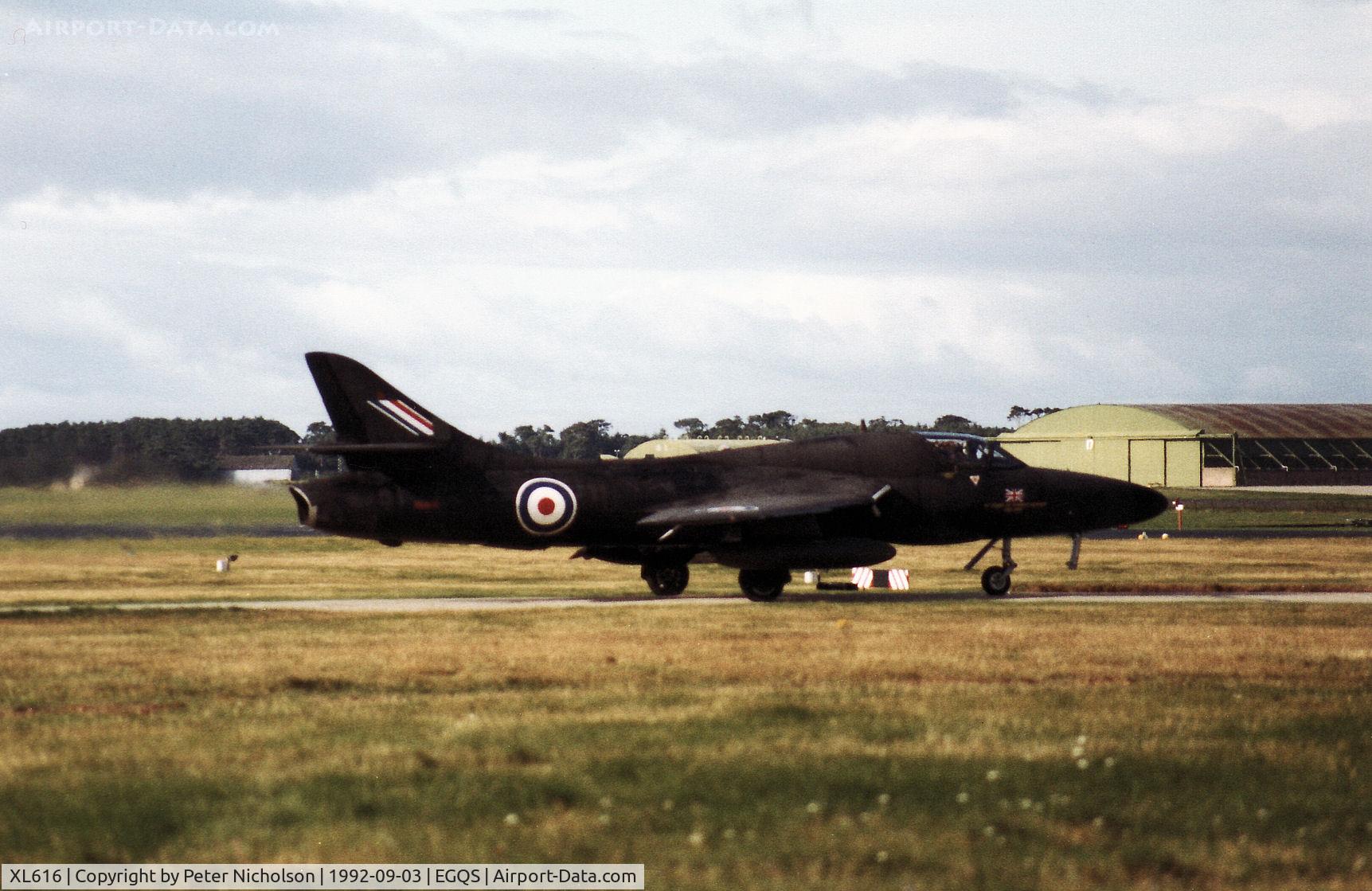 XL616, 1959 Hawker Hunter T.7A C/N 41H-695448, Hunter T.7 of 237 Operational Conversion Unit taxying to the active runway at RAF Lossiemouth in September 1992.