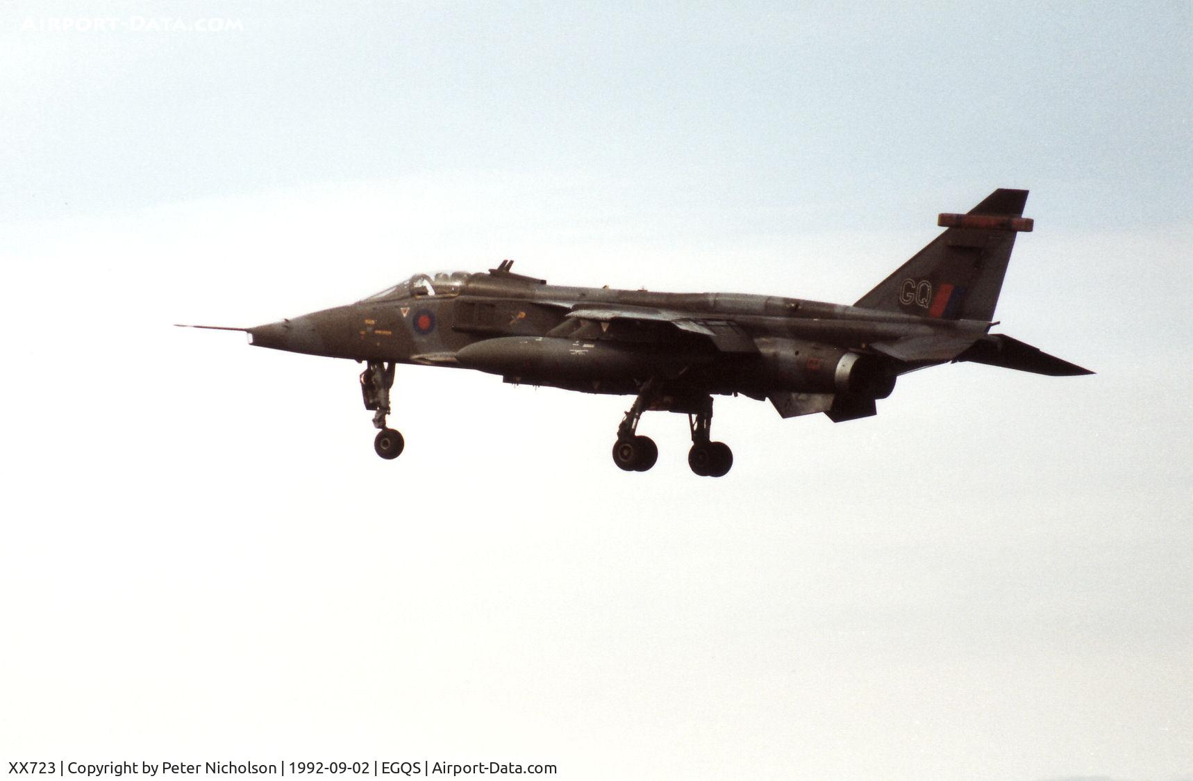 XX723, 1974 Sepecat Jaguar GR.1 C/N S.20, Jaguar GR.1A of 16[R] Squadron but still wearing 54 Squadron tailcode when seen at RAF Lossiemouth in September 1992.